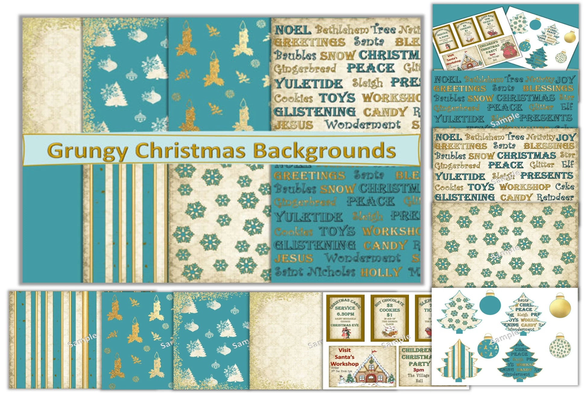 Vintage Blue Sparkle Christmas Backgrounds Clipart Bundle - CraftNest - Digital Crafting and Art