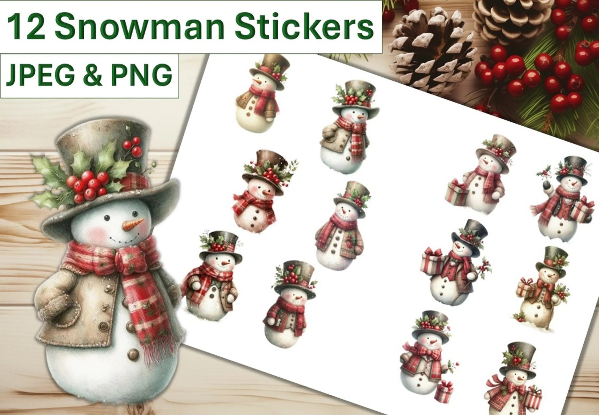 Shabby Chic Snowman Stickers Clipart Bundle - CraftNest - Digital Crafting and Art