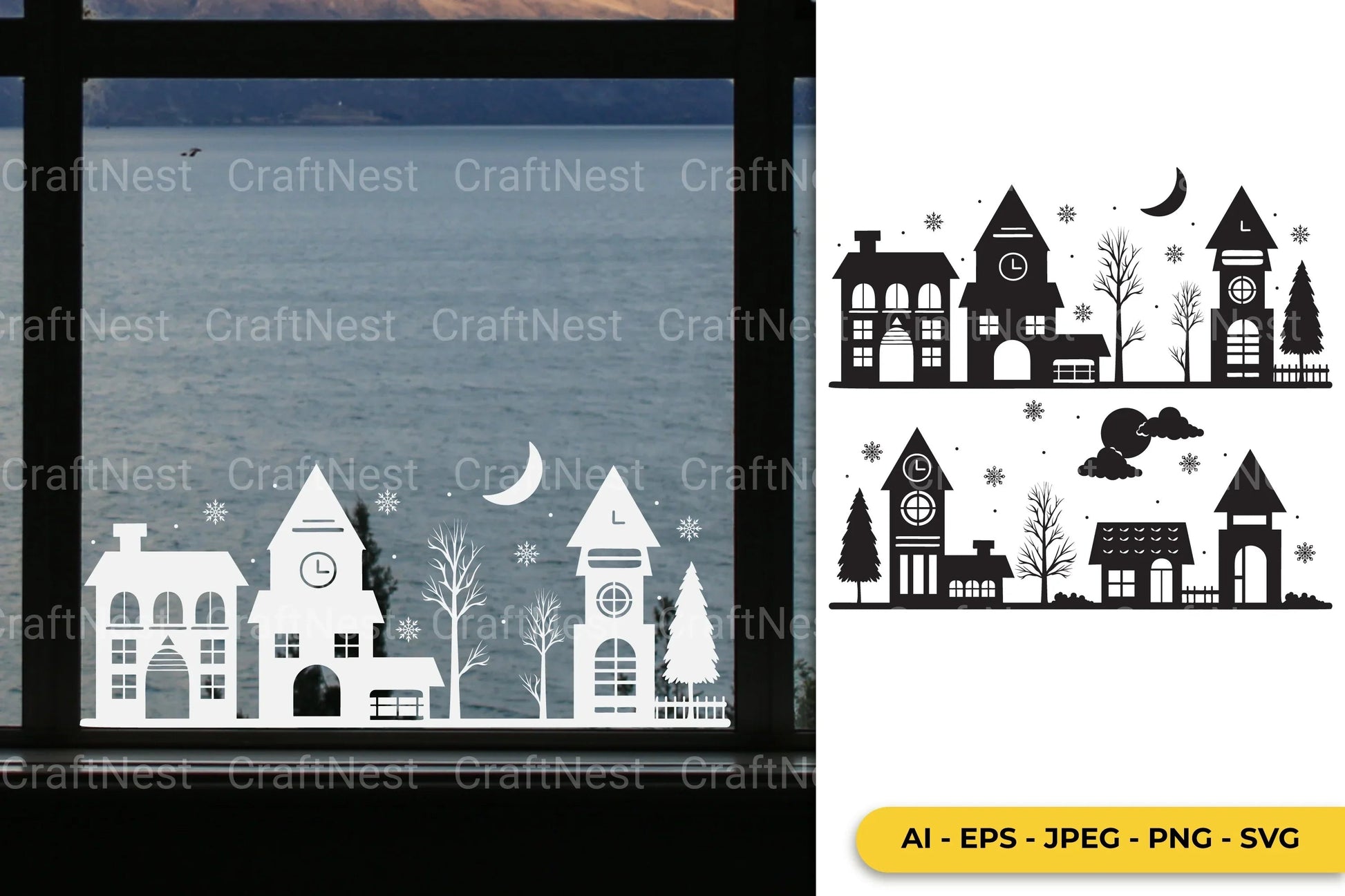 Snowy Town Window Decal Clipart Bundle - CraftNest - Digital Crafting and Art