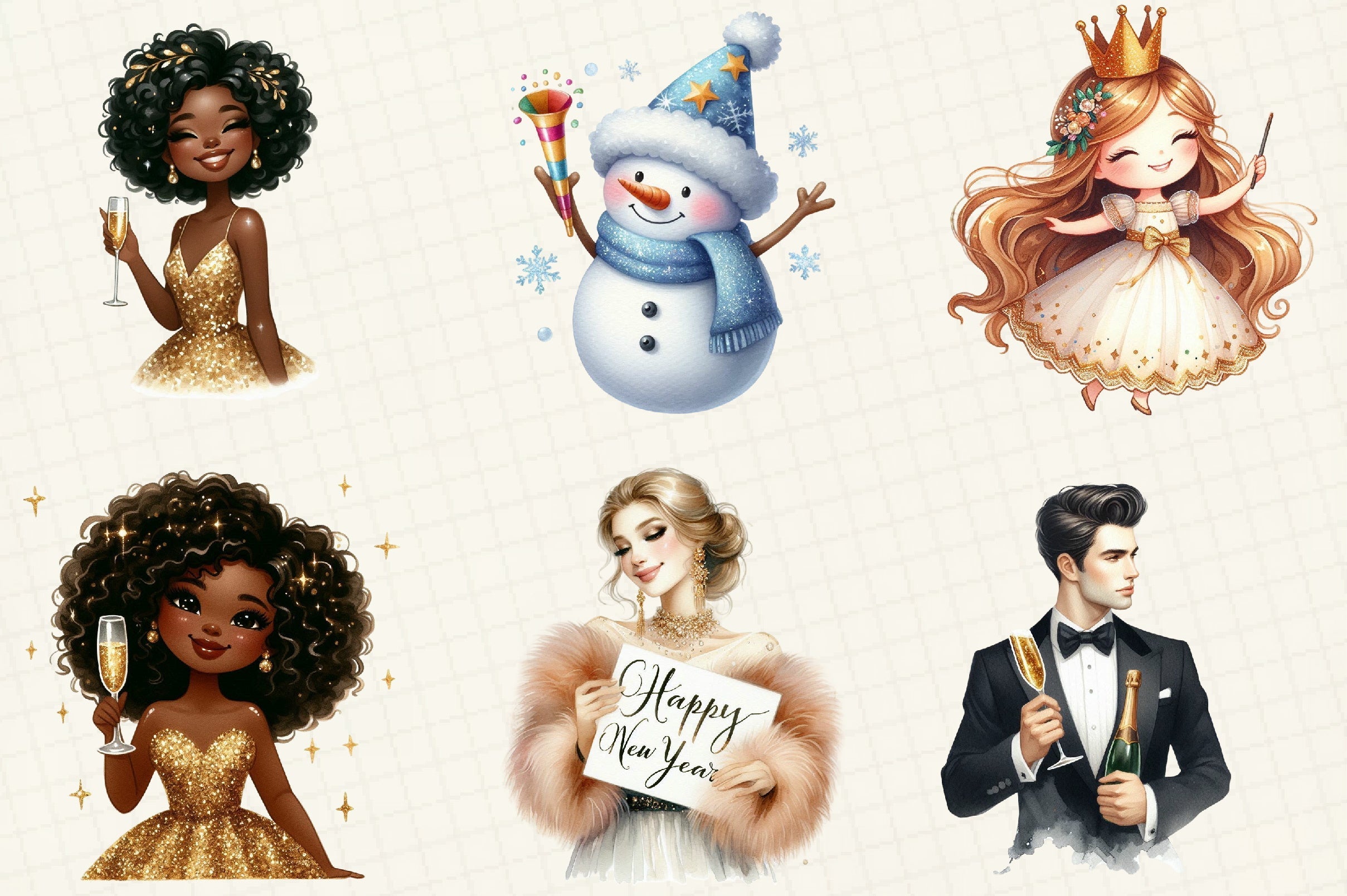Sparkling New Year Character Clipart Bundle