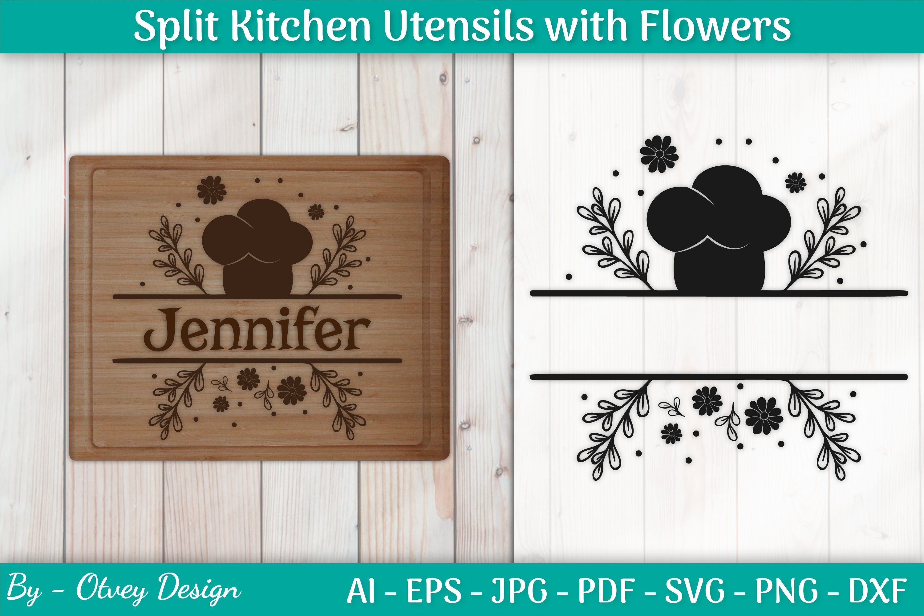 Split Kitchen Utensils with Cute Flowers SVG Bundle