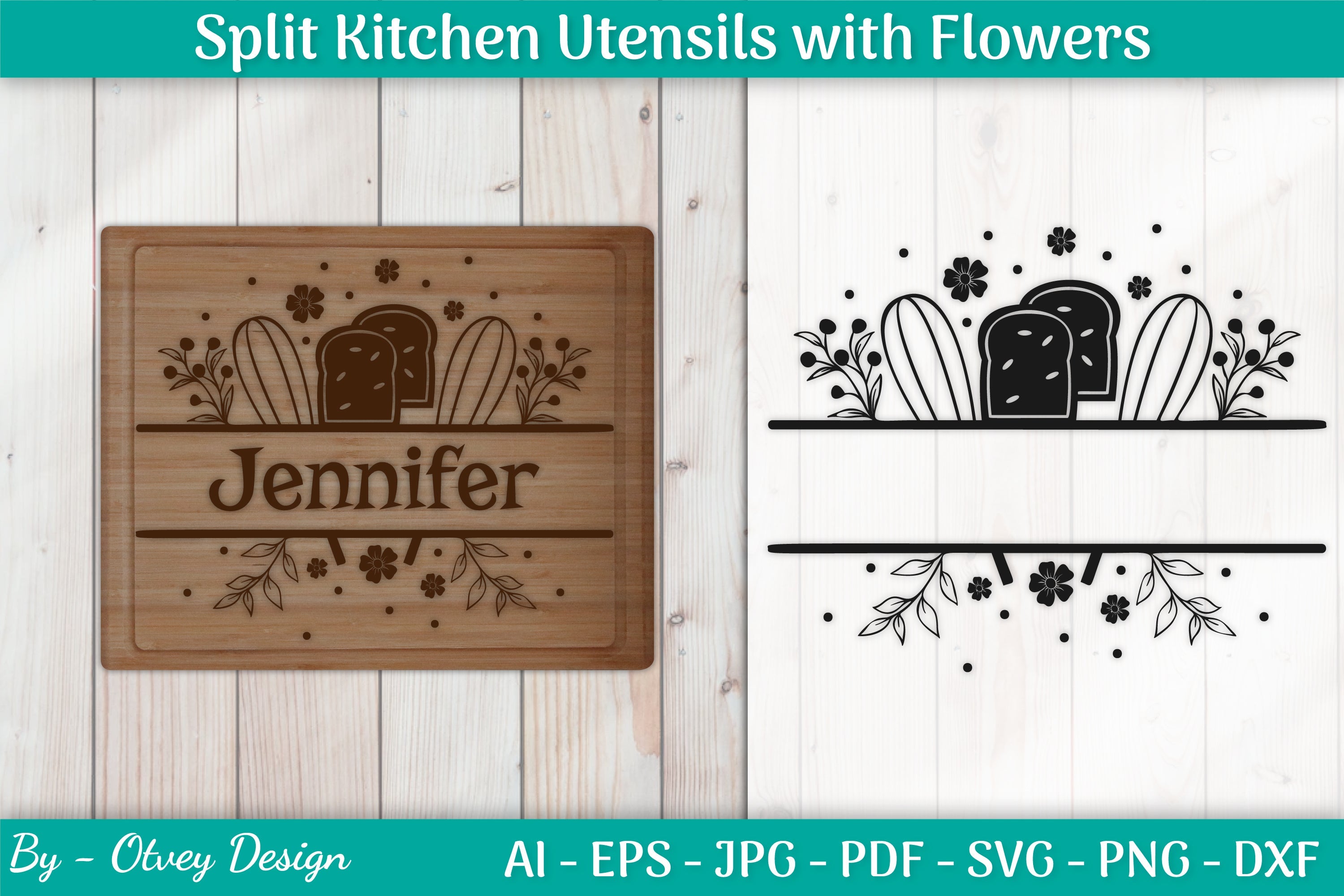 Split Kitchen Utensils with Cute Flowers SVG Bundle