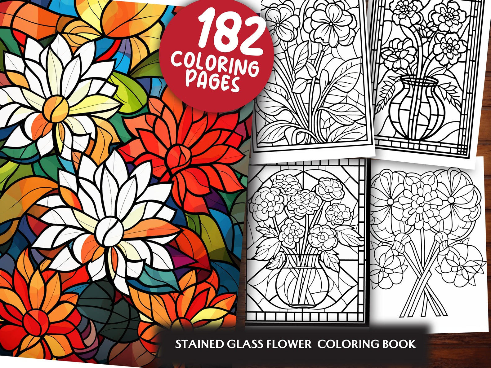 180 Stained Glass Flower Coloring Book
