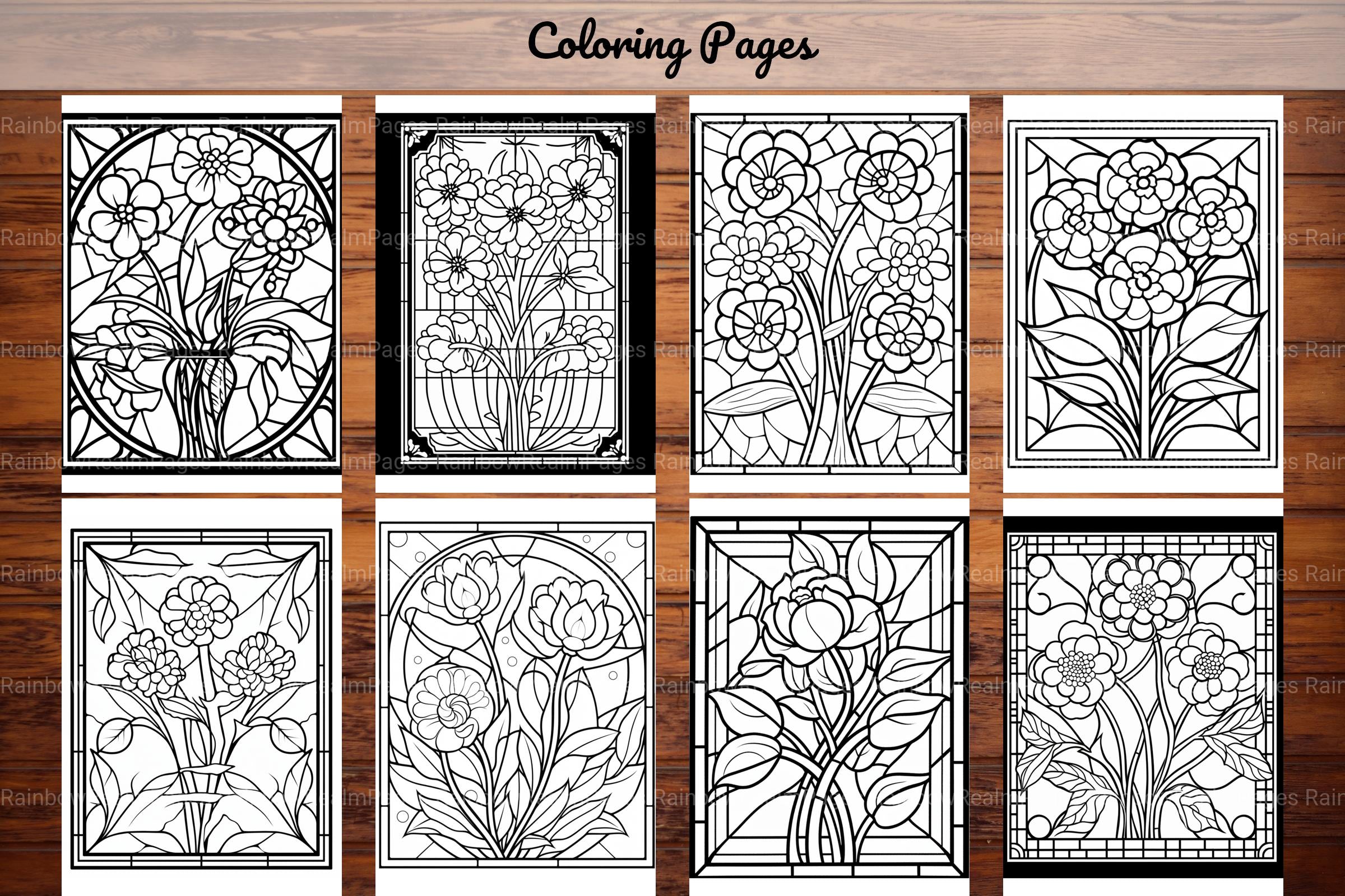 180 Stained Glass Flower Coloring Book