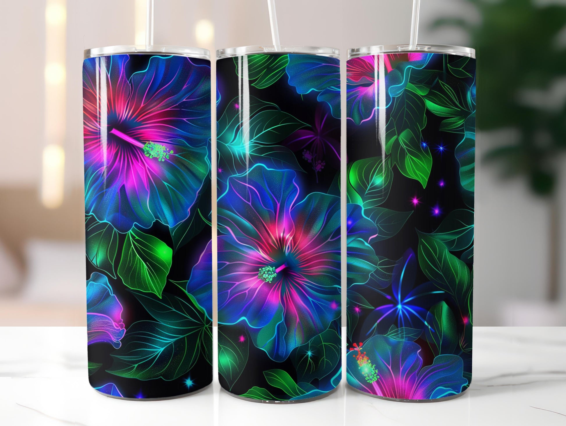 Neon Glowing Hibiscus Tumbler Wrap - CraftNest - Digital Crafting and Art