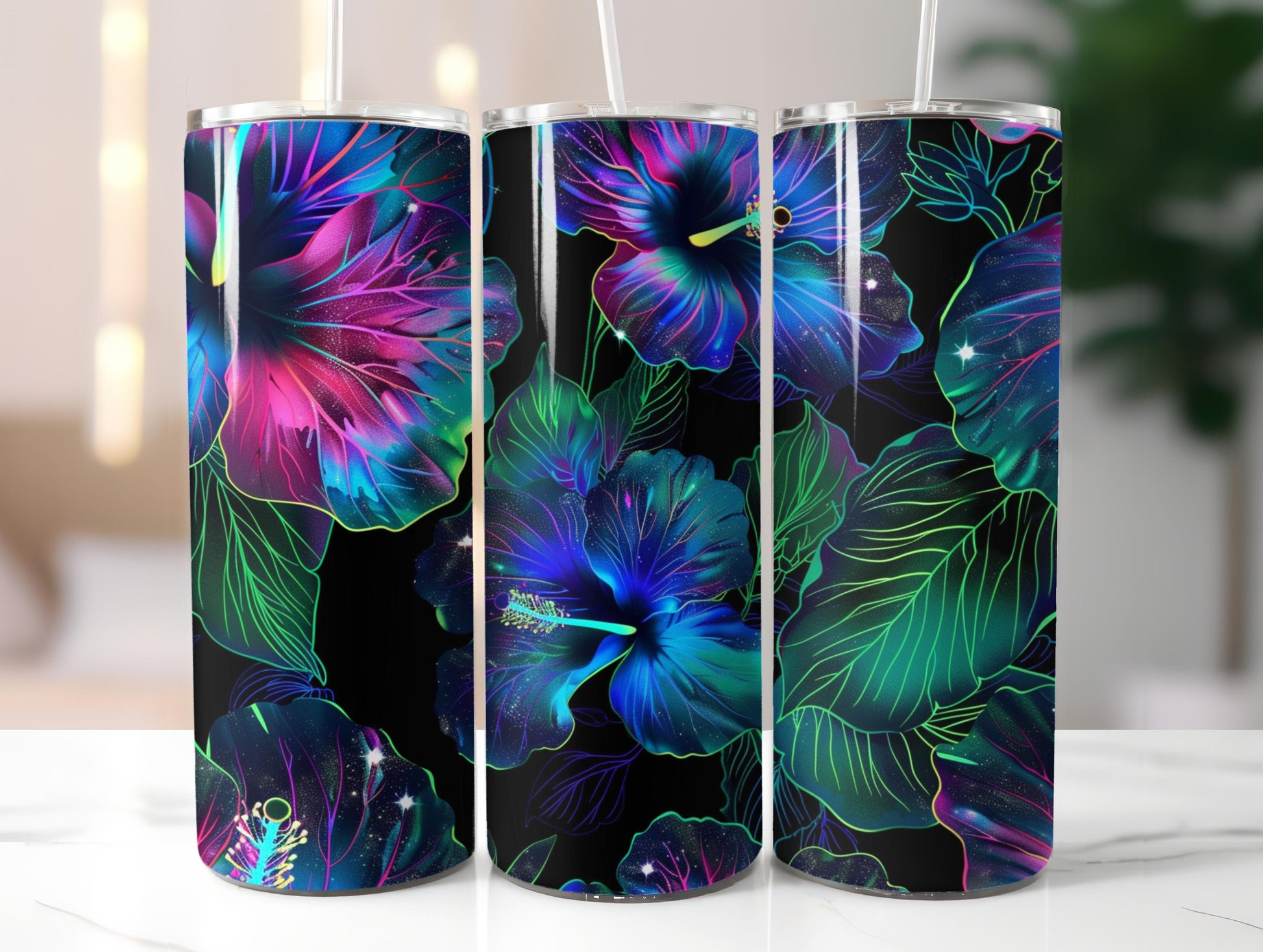 Neon Glowing Hibiscus Tumbler Wrap - CraftNest - Digital Crafting and Art