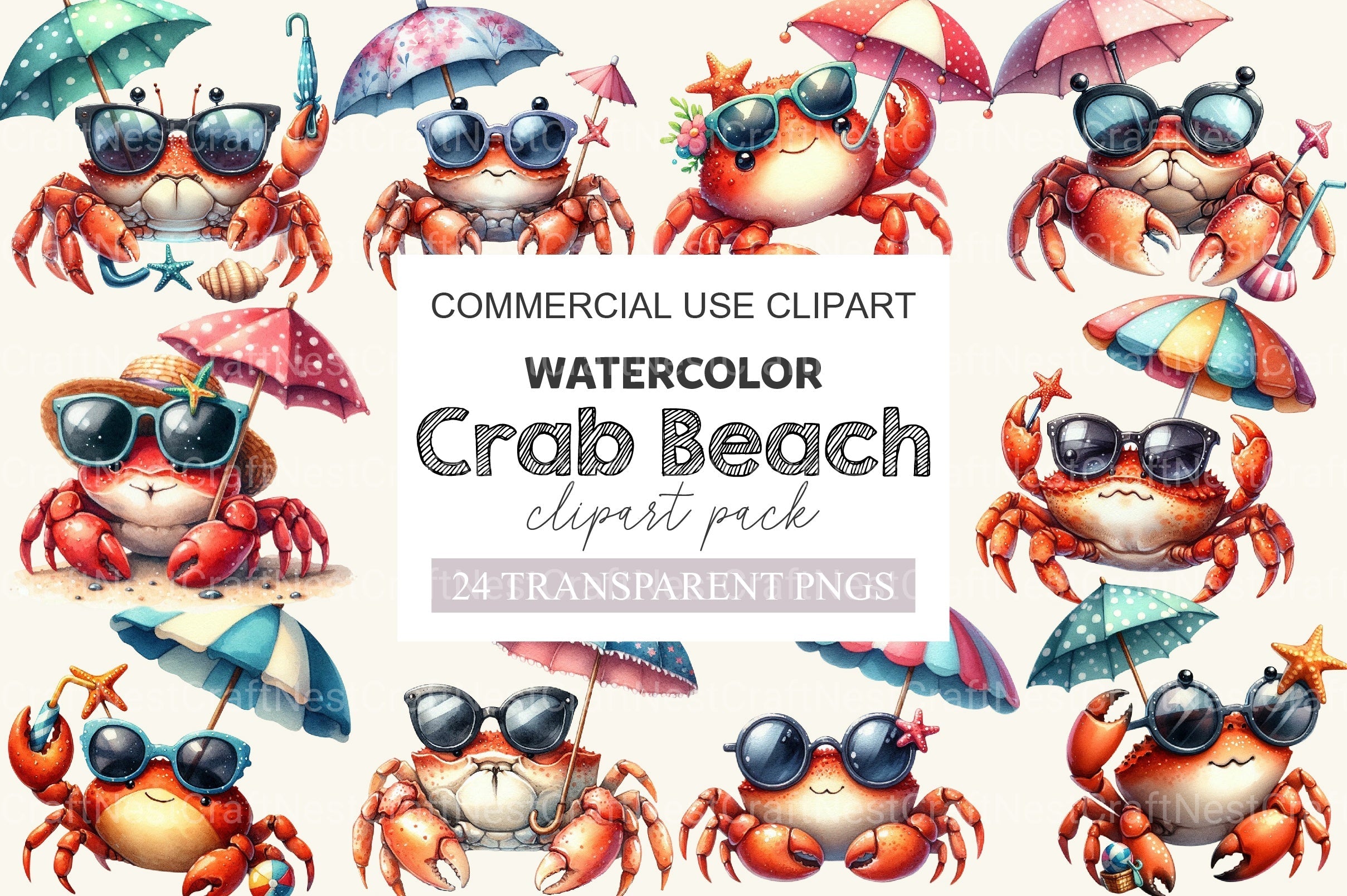 Summer Crab Beach Clipart Bundle