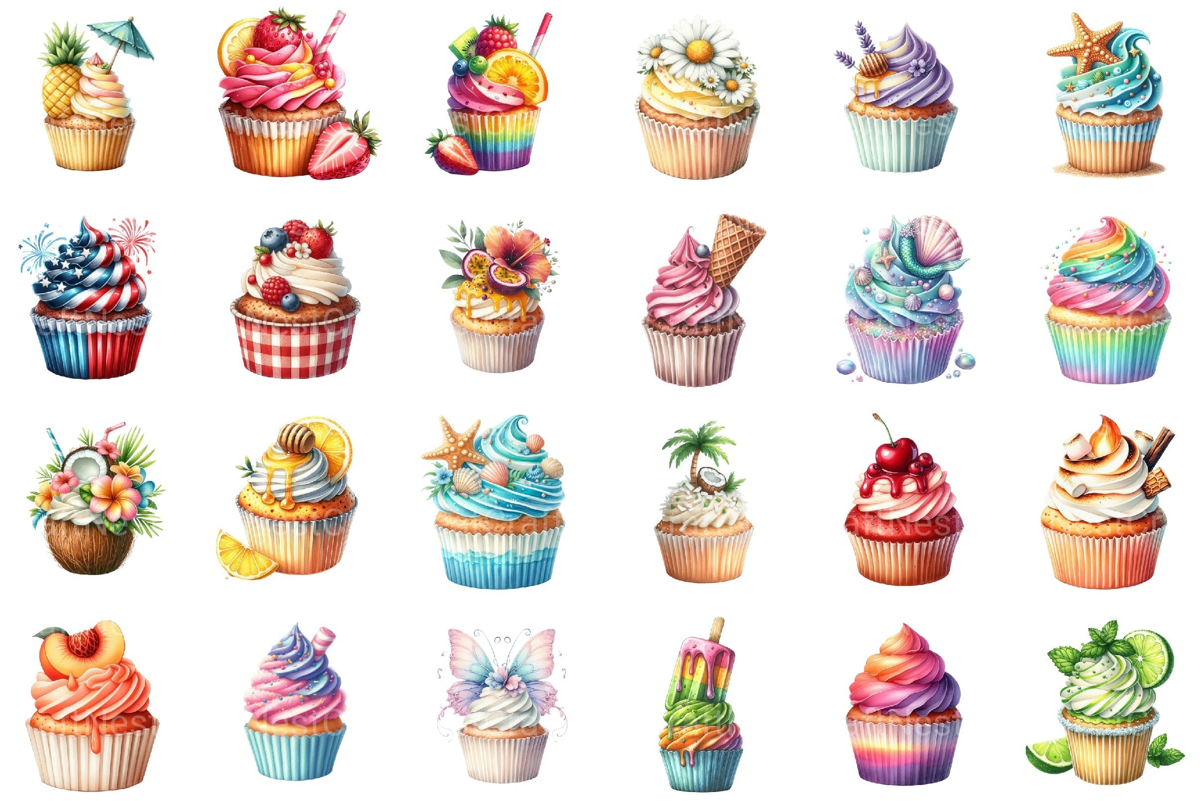 Summer Cupcake Set Clipart Bundle