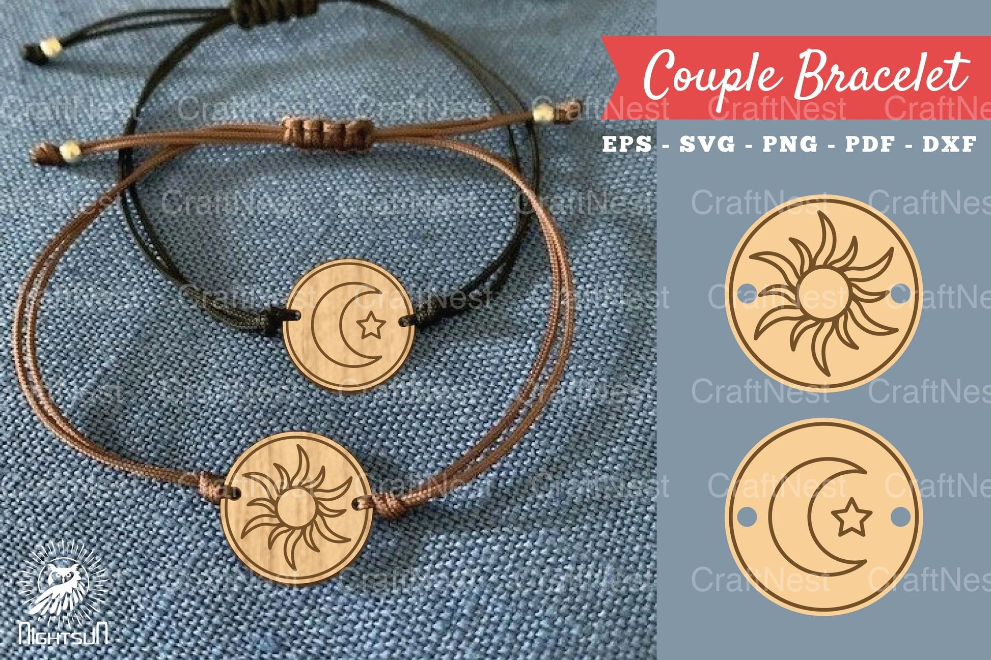 Sun and Moon Laser Cut Couple Bracelet Design Bundle - CraftNest - Digital Crafting and Art