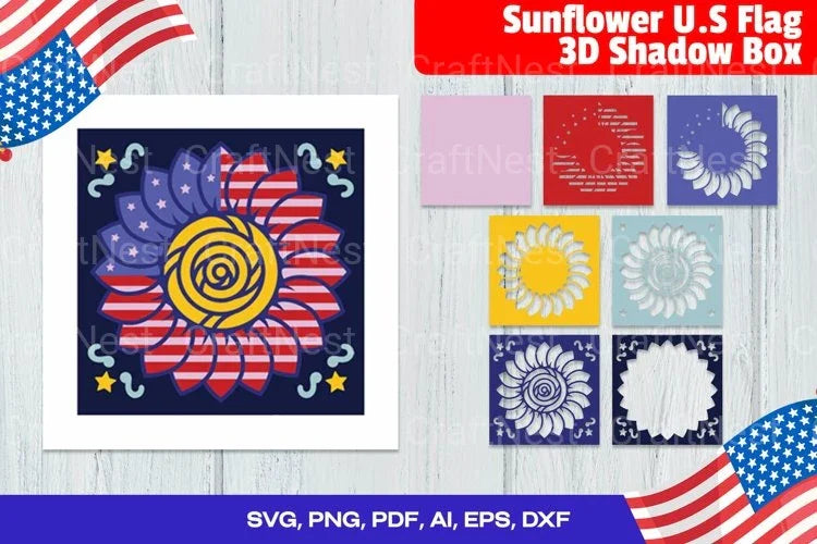 Sunflower Flag 3D Shadow Box National Patriotic Day Clipart Bundle - CraftNest - Digital Crafting and Art