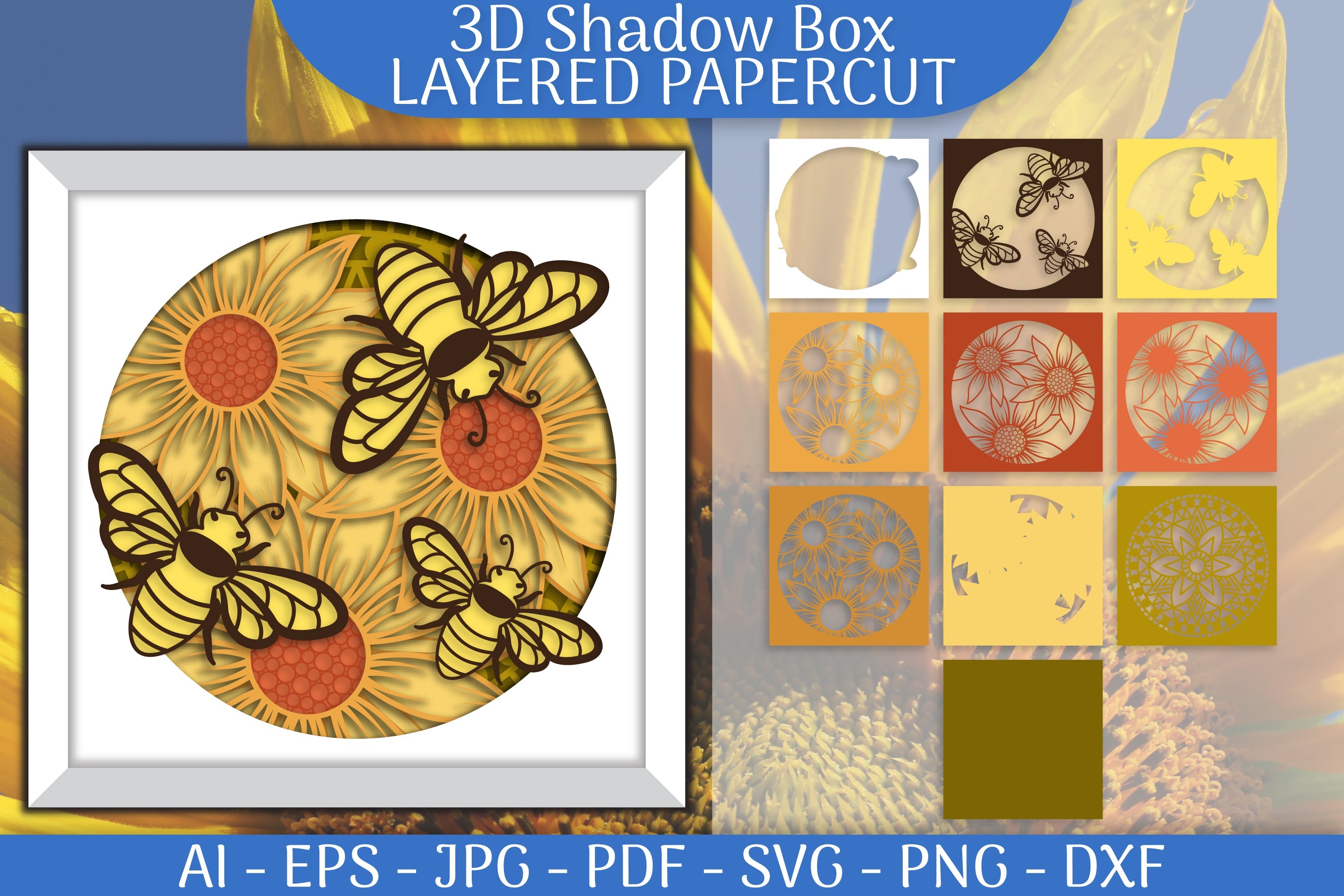 Sunflower with Bee 3D Shadowbox Papercut SVG Bundle - CraftNest - Digital Crafting and Art