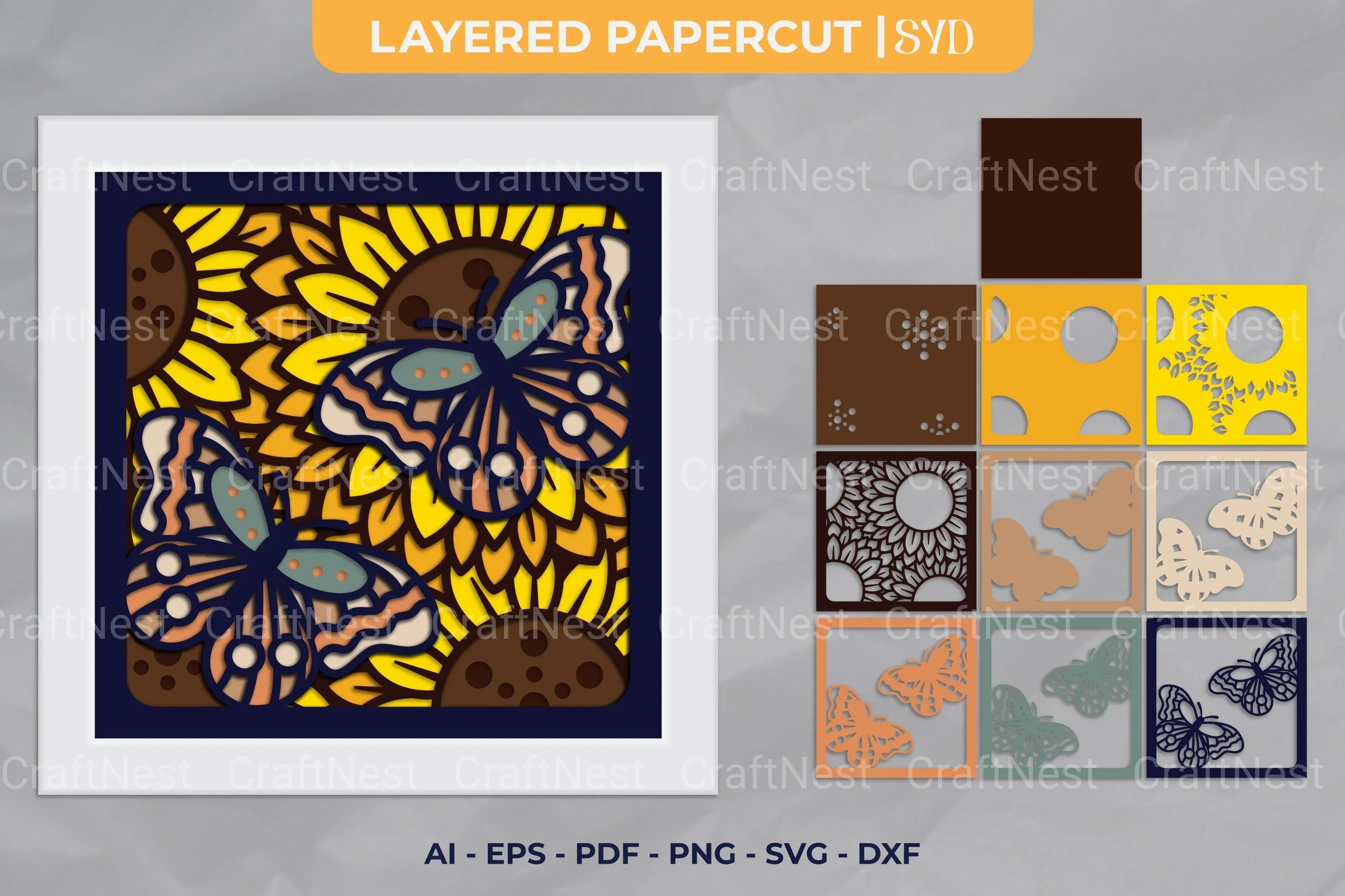 Sunflower with Butterfly 3D Layered Papercut Clipart Bundle - CraftNest - Digital Crafting and Art