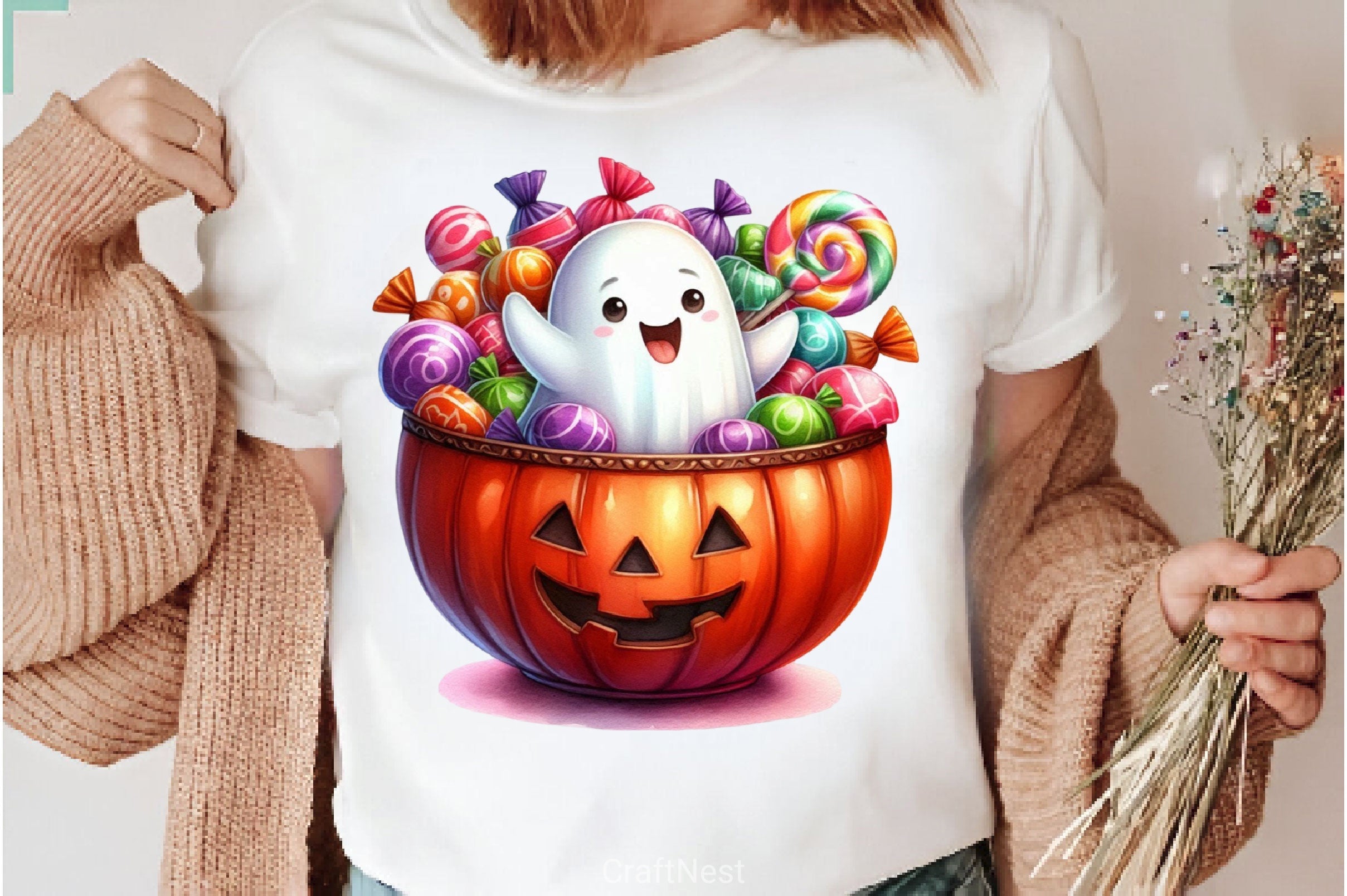 Cute Ghost With Candy Bowl Clipart Bundle 1