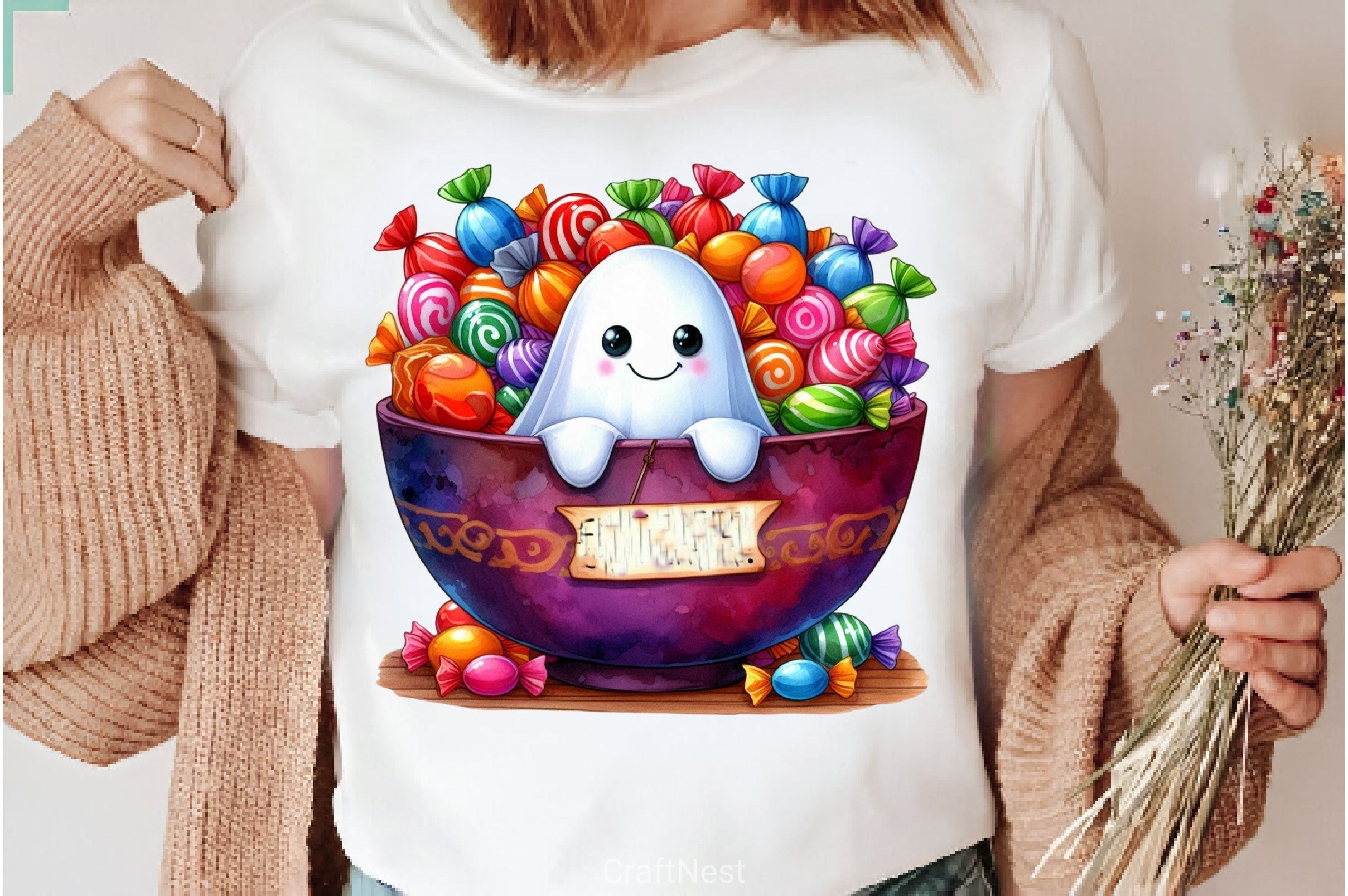 Cute Ghost With Candy Bowl Clipart Bundle 2