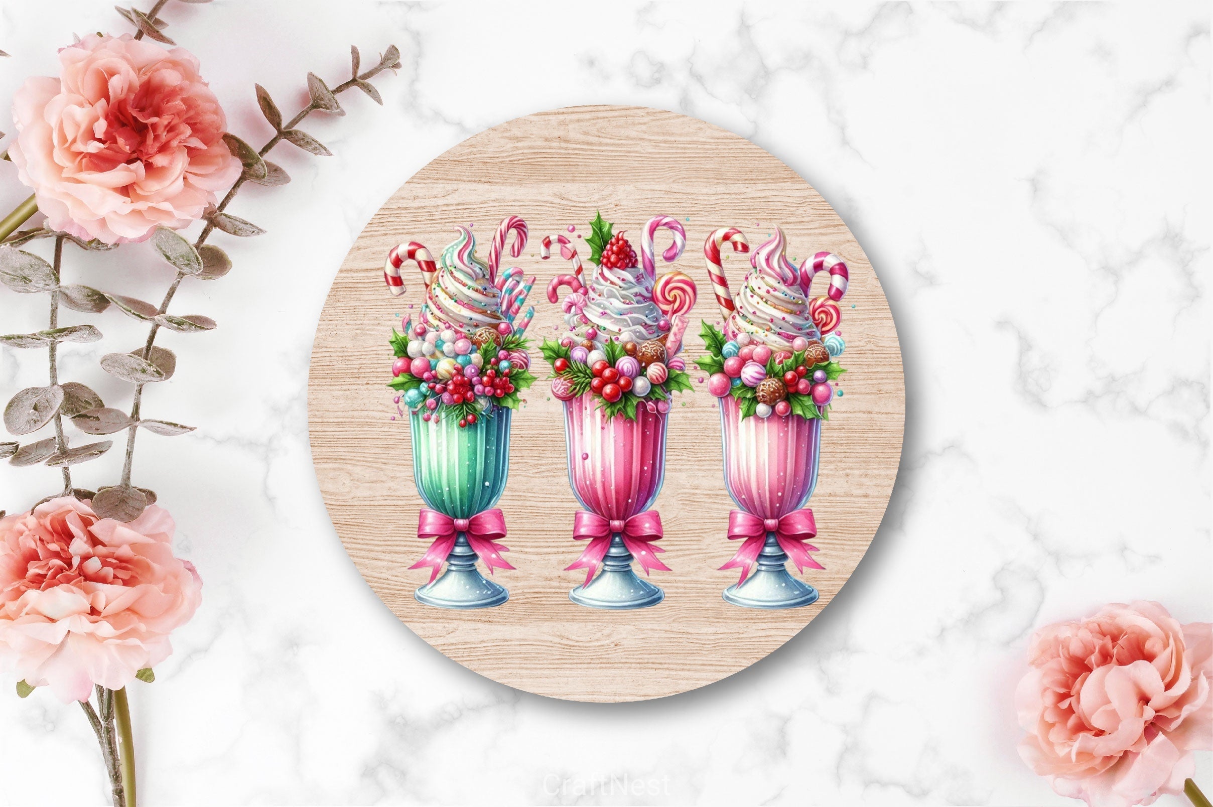 Christmas Ice Cream Cherry Milkshake Clipart Bundle 6