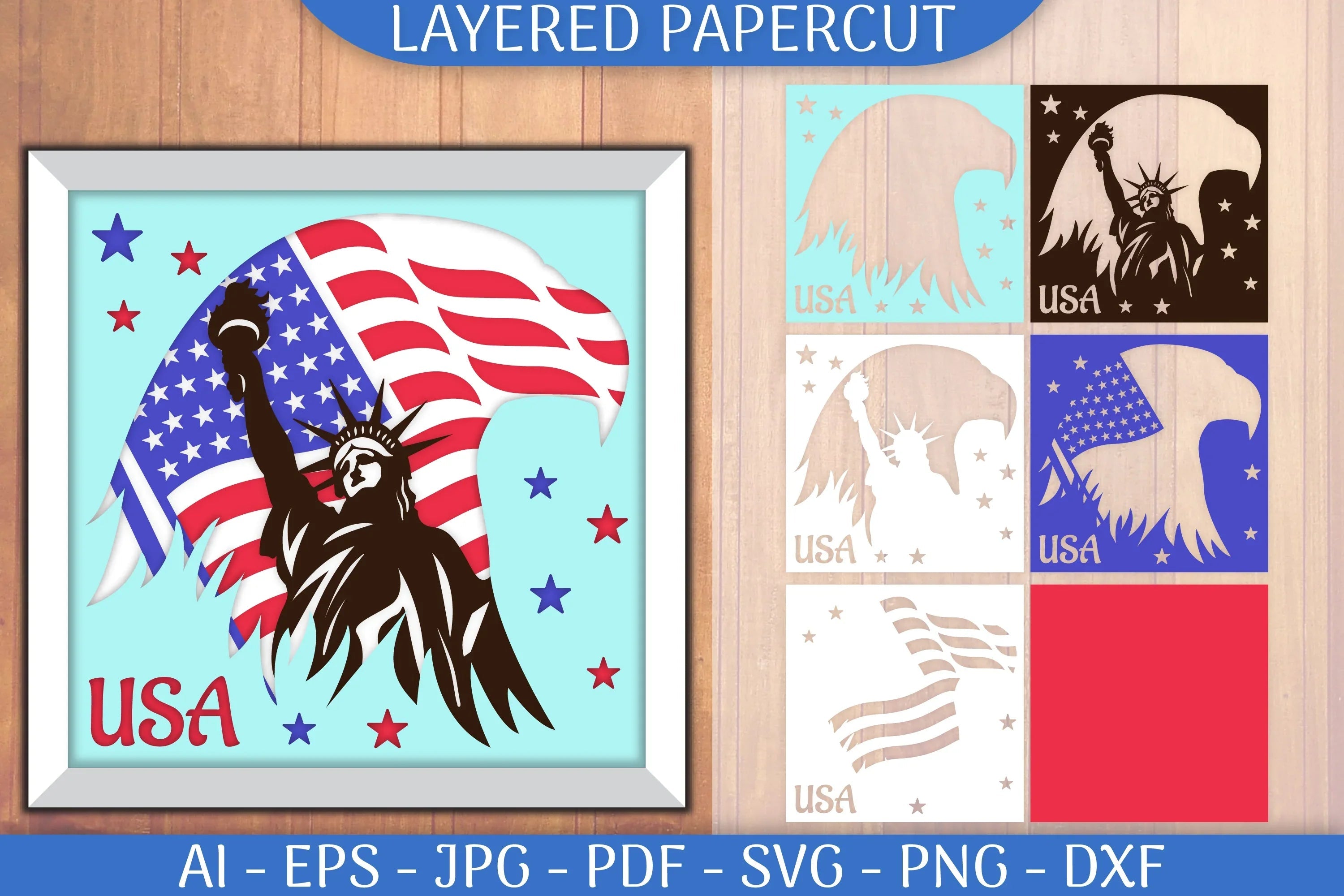 USA Flag Statue of Liberty Eagle Papercut SVG Bundle - CraftNest - Digital Crafting and Art