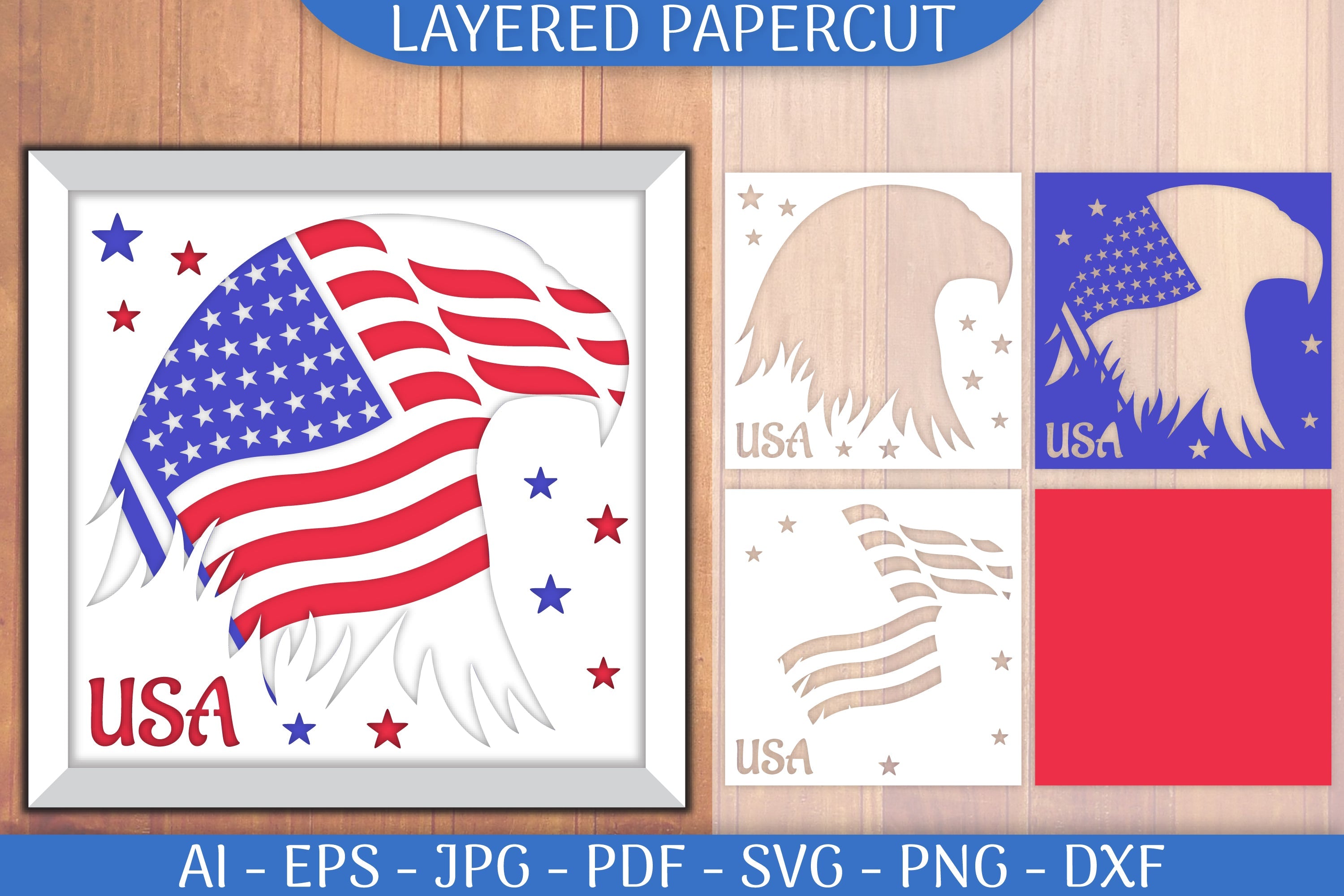 USA Flag Eagle Head Layered Papercut SVG Bundle