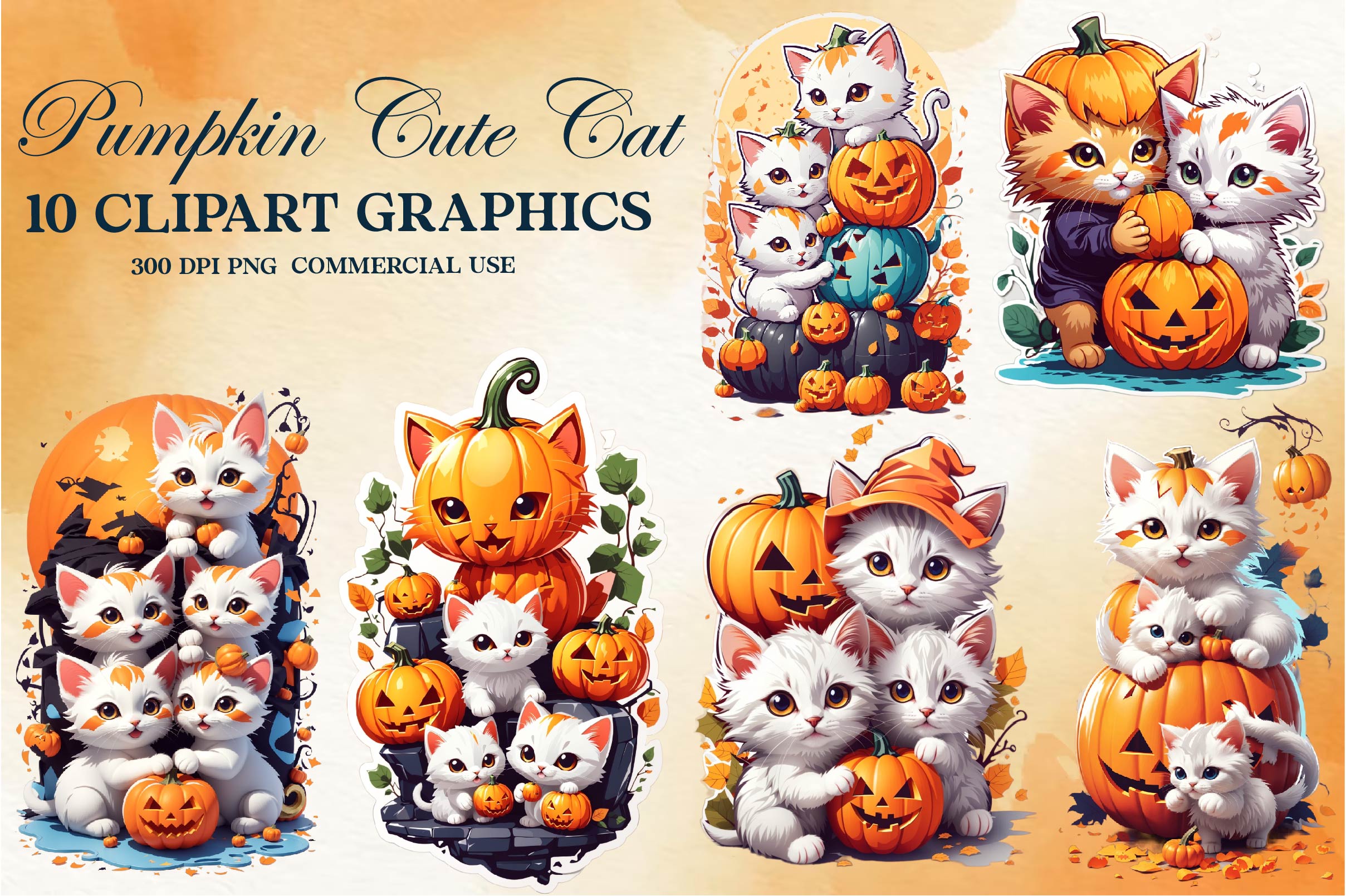 Pumpkin Cute Cat Clipart Bundle