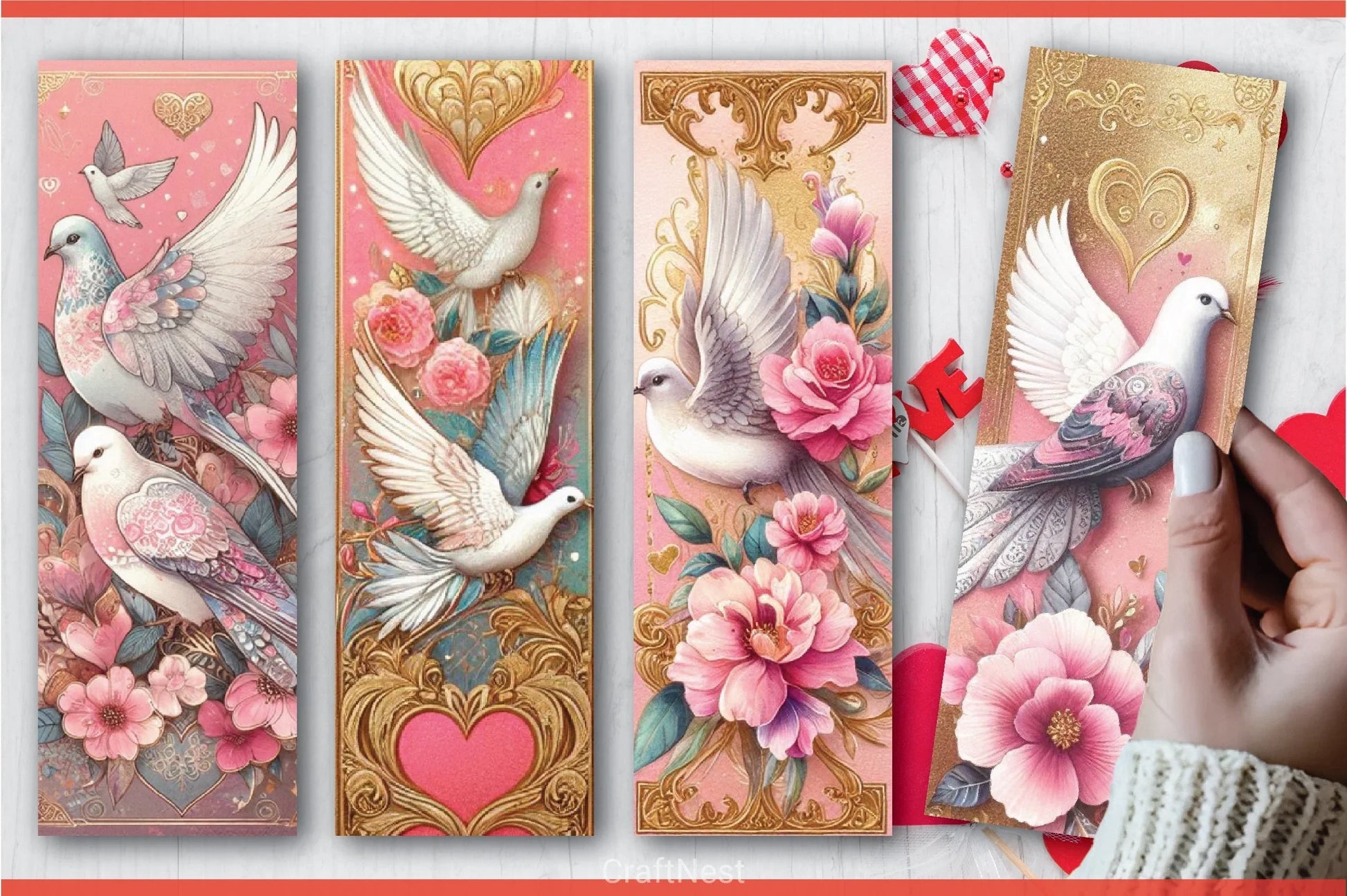 Valentine's Day Doves Bookmarks - CraftNest - Digital Crafting and Art