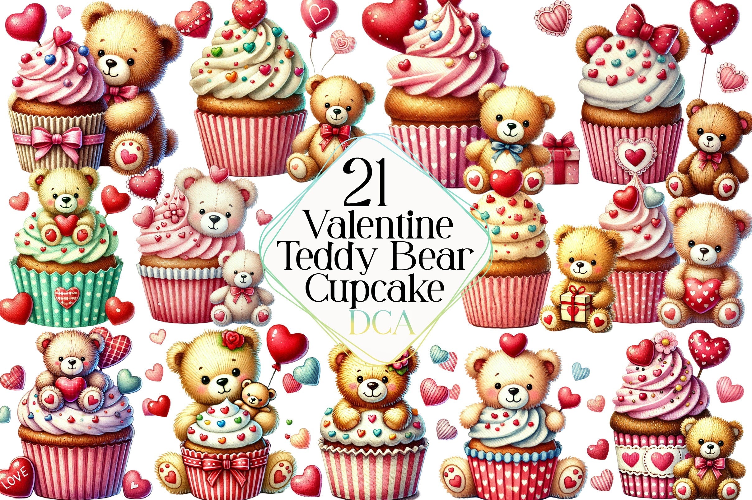 Valentine's Day Teddy Bear & Cute Cupcake Clipart Bundle
