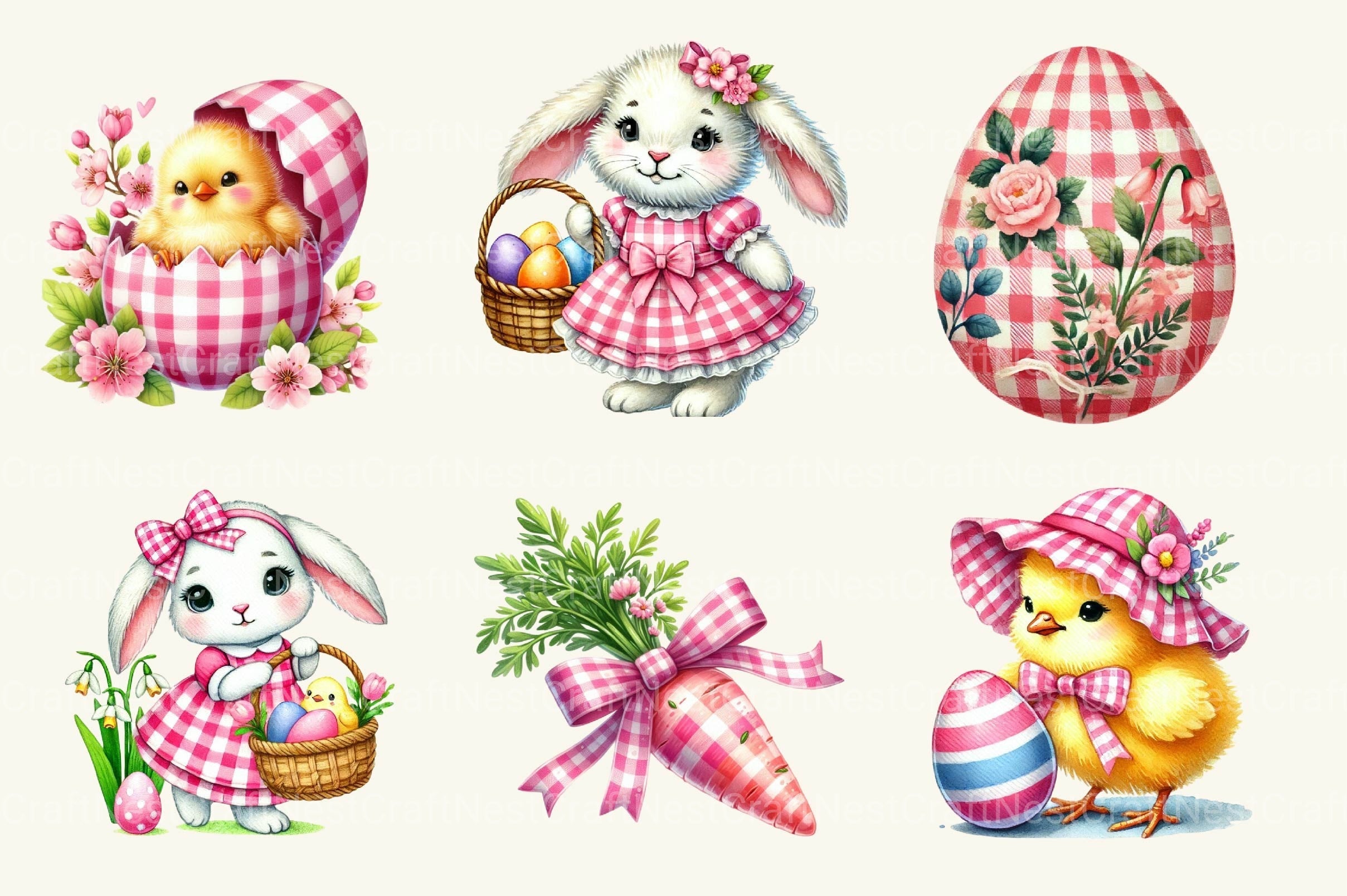 Pink Easter Gingham Clipart Bundle 2