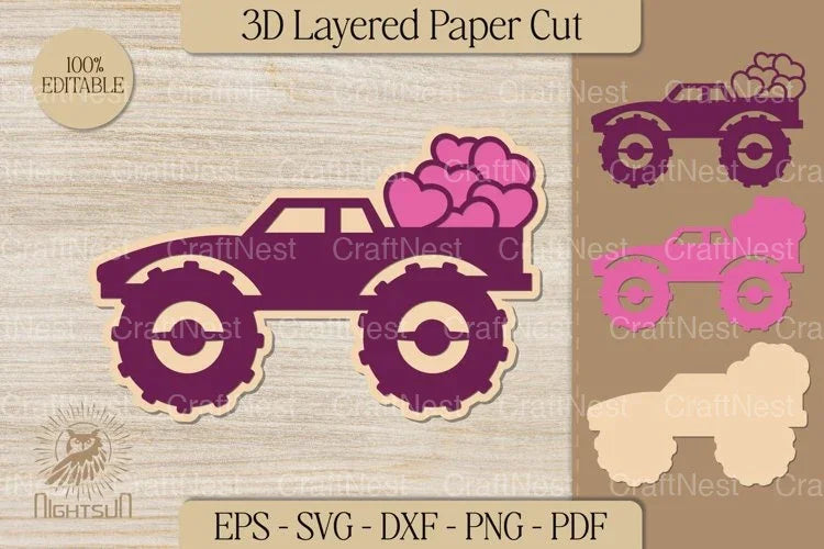 Valentine Monster Truck Layered Paper Cut Clipart Bundle - CraftNest - Digital Crafting and Art