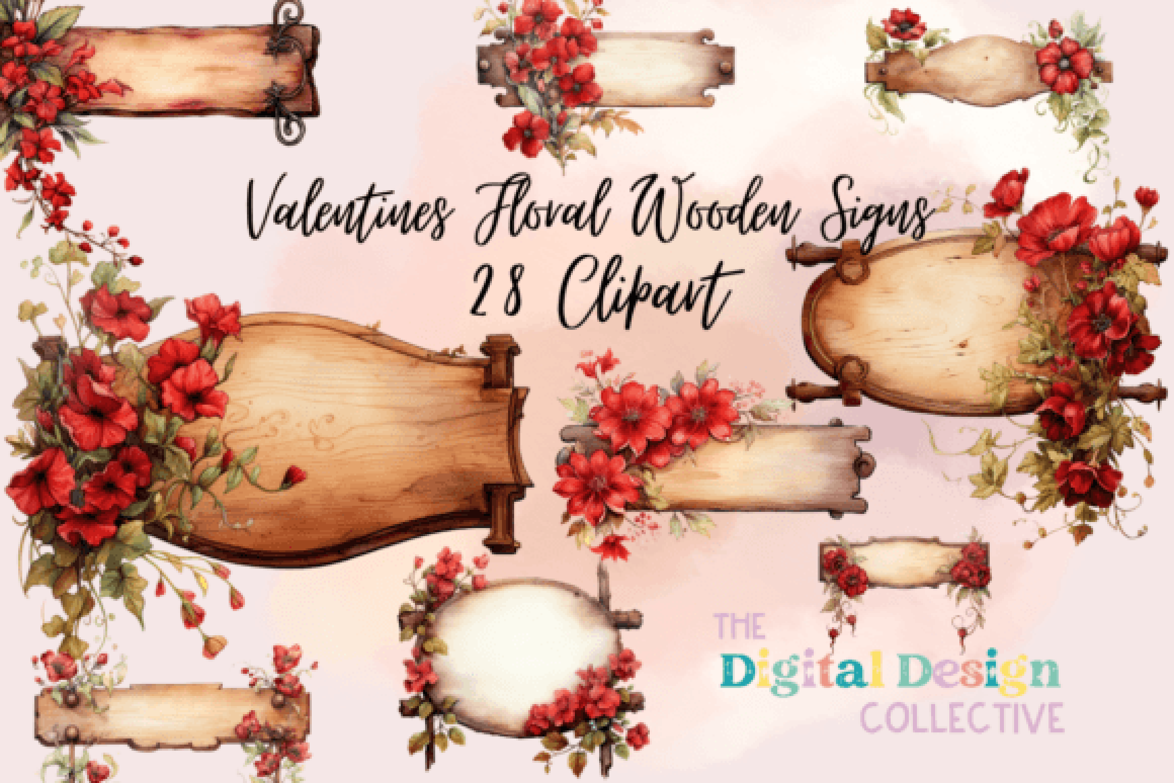 Vintage Valentine's Floral Wooden Sign Clipart Bundle