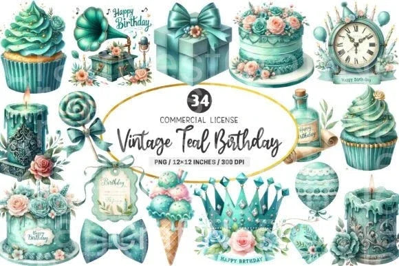 Vintage Soft Teal Birthday Clipart Bundle 1 - CraftNest - Digital Crafting and Art
