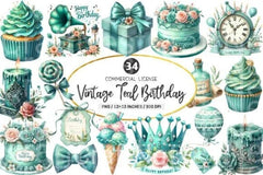 Vintage Soft Teal Birthday Clipart Bundle 1 - CraftNest - Digital Crafting and Art