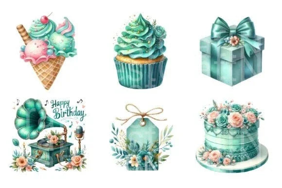 Vintage Soft Teal Birthday Clipart Bundle 1 - CraftNest - Digital Crafting and Art
