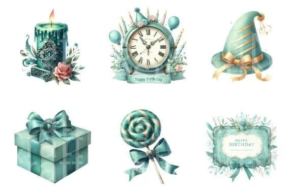 Vintage Soft Teal Birthday Clipart Bundle 1 - CraftNest - Digital Crafting and Art