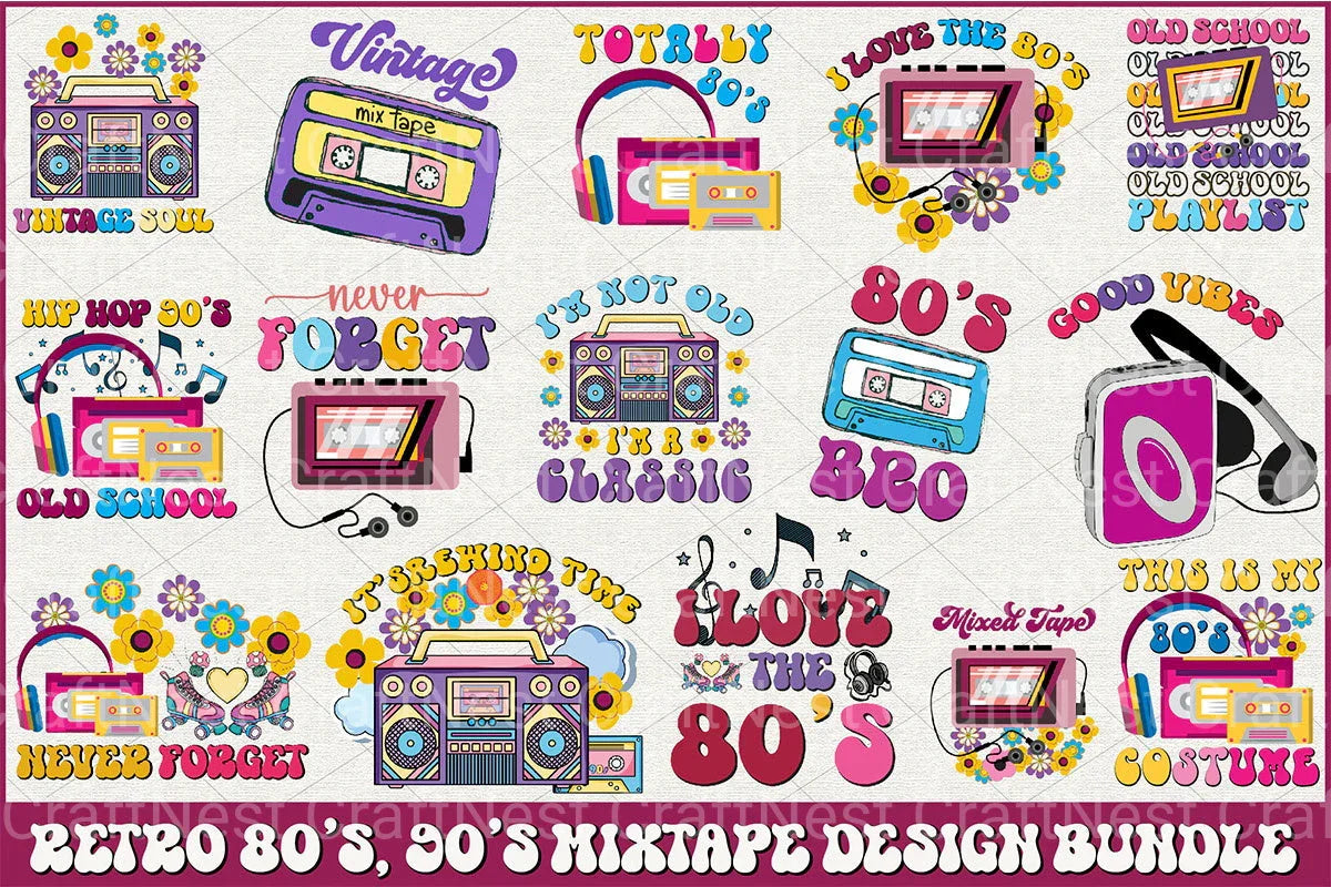 Vintage 80s & 90s Mixtape Design Clipart Bundle