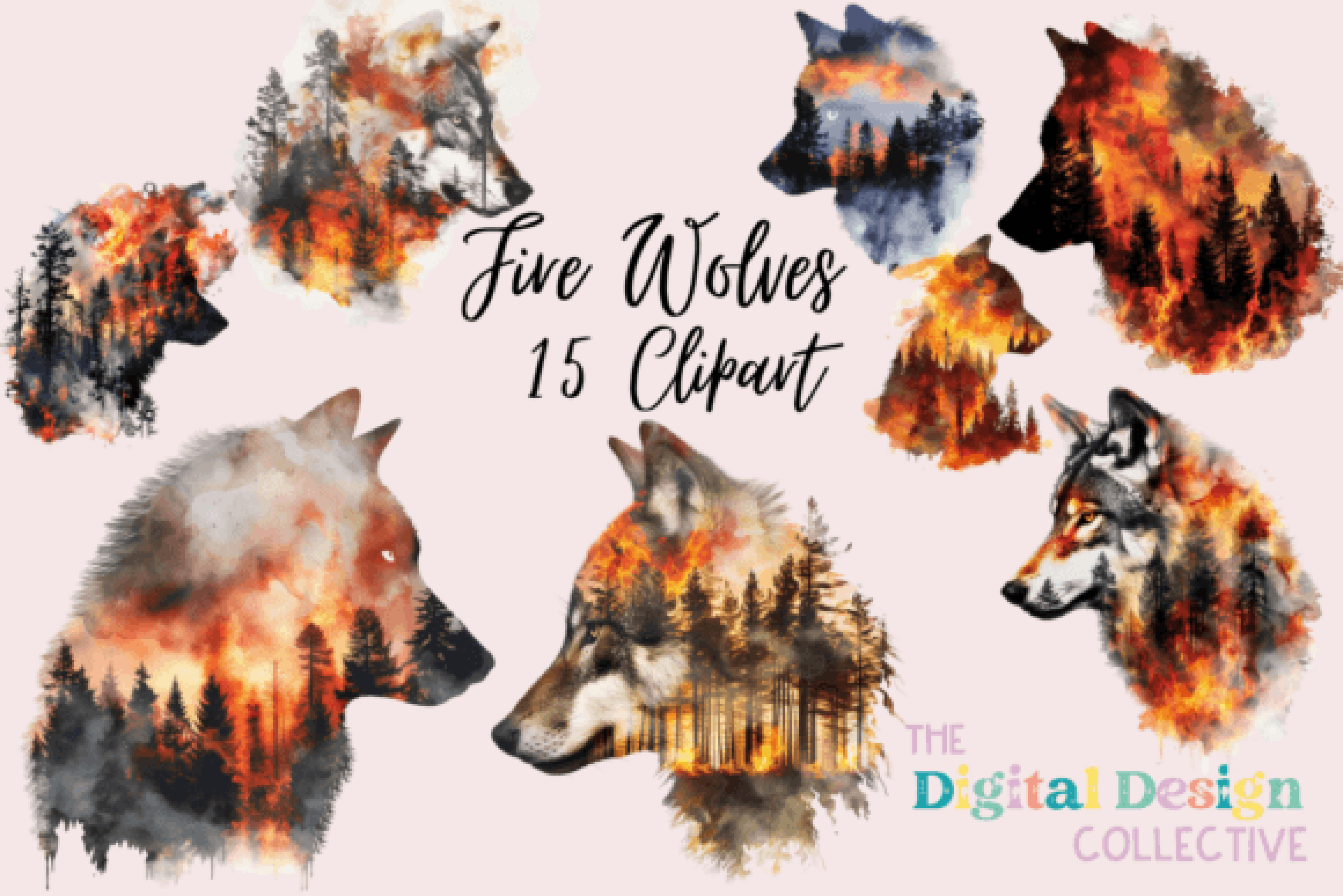 Vibrant Fire Wolves Clipart Bundle