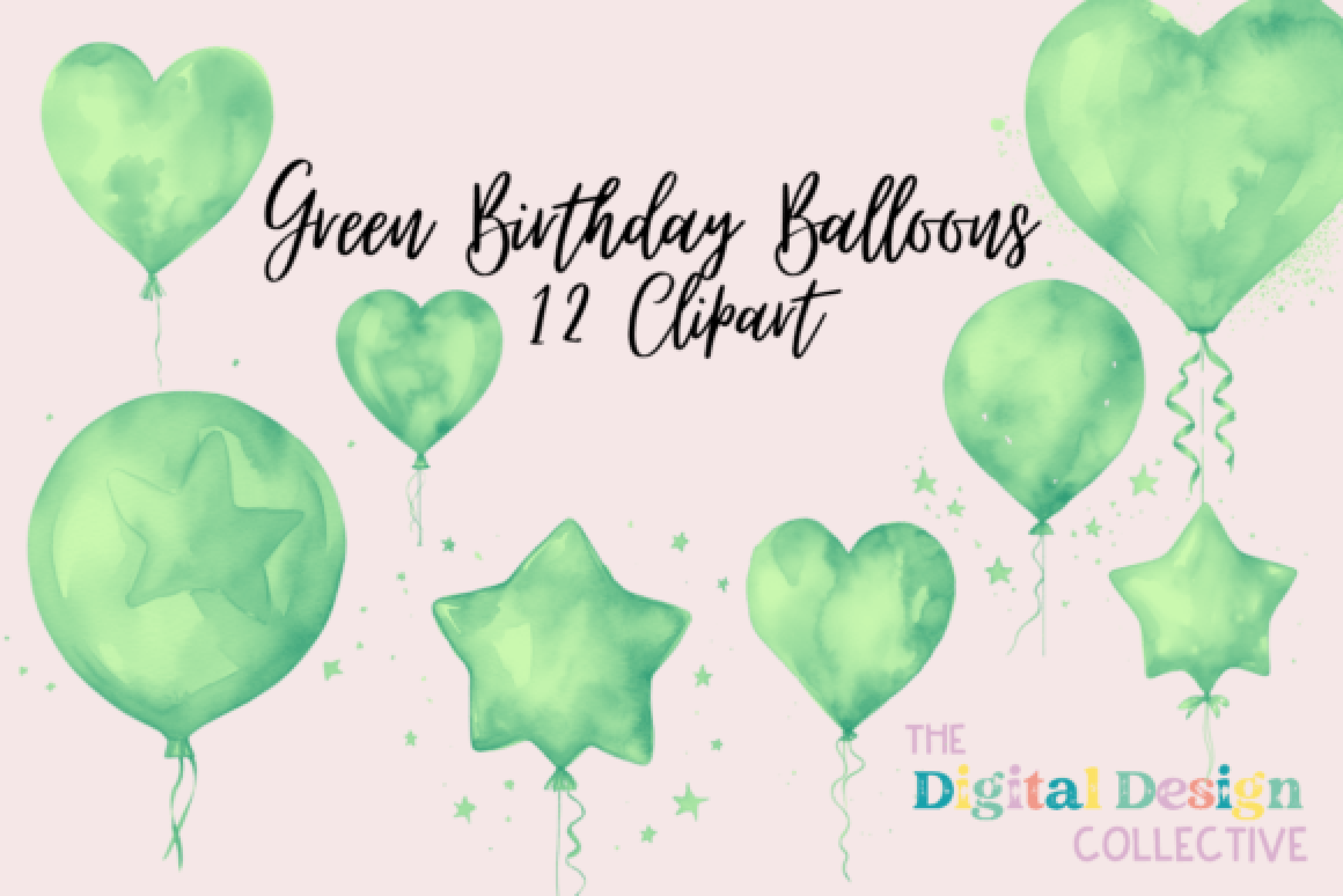 Green Birthday Balloons Clipart Bundle