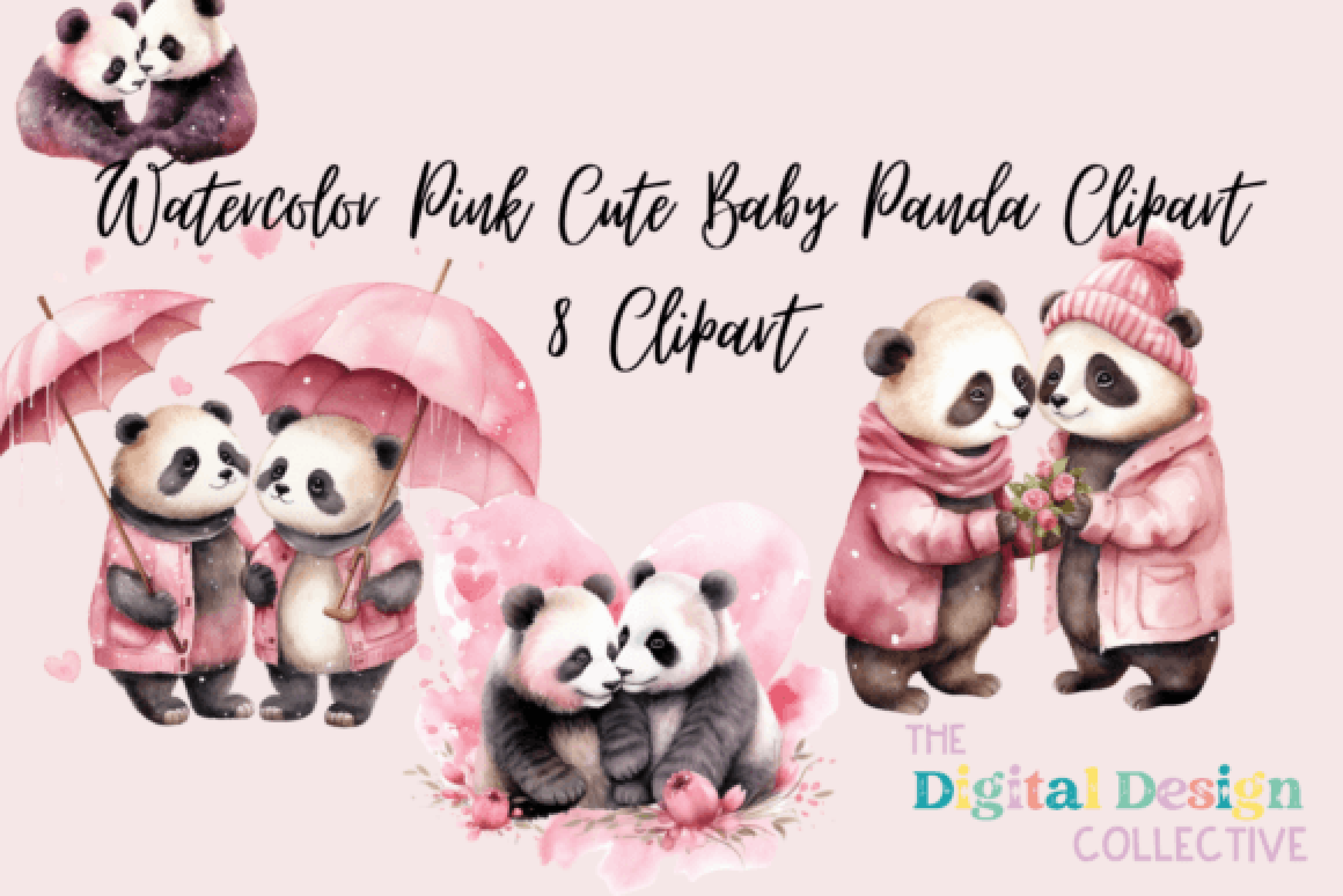 Adorable Pink Baby Panda Clipart Bundle