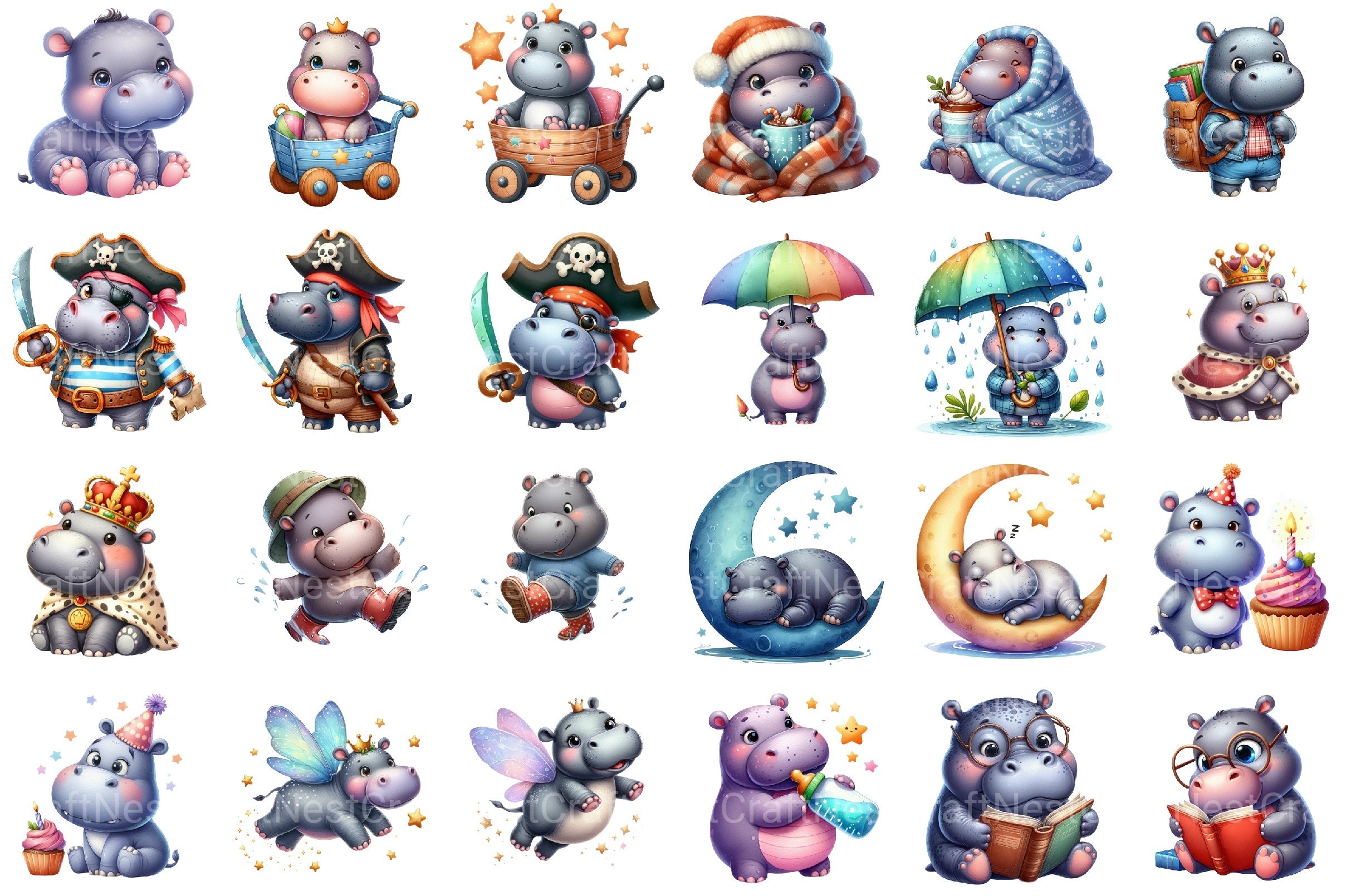 Cute Hippo Clipart Bundle