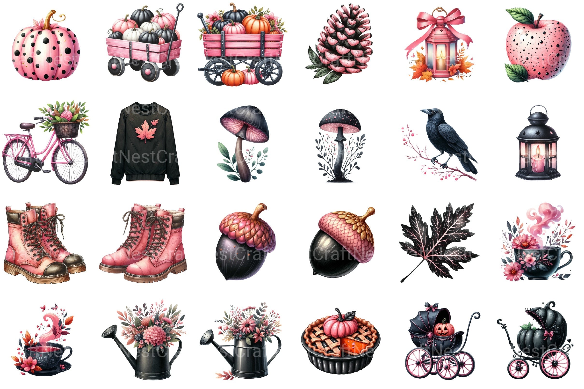 Pink And Black Autumn Clipart Bundle 2