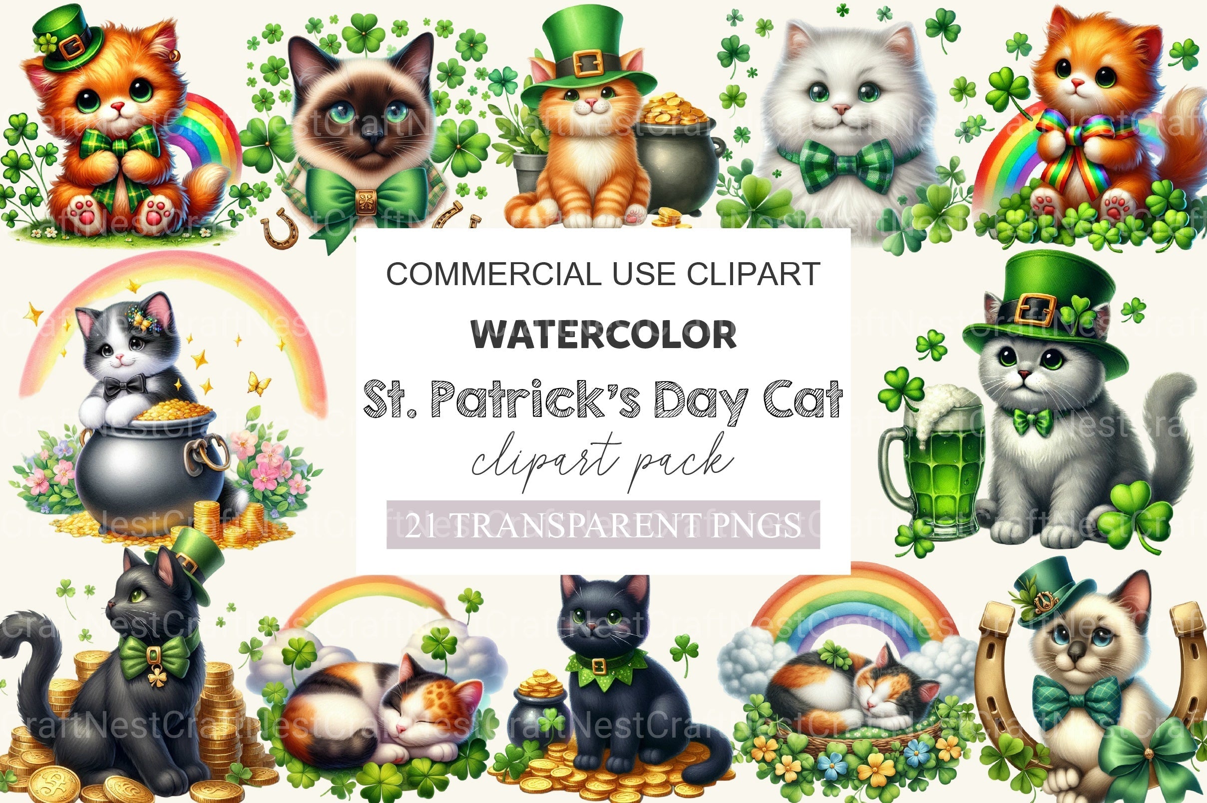 St Patrick's Day Cat Clipart Bundle