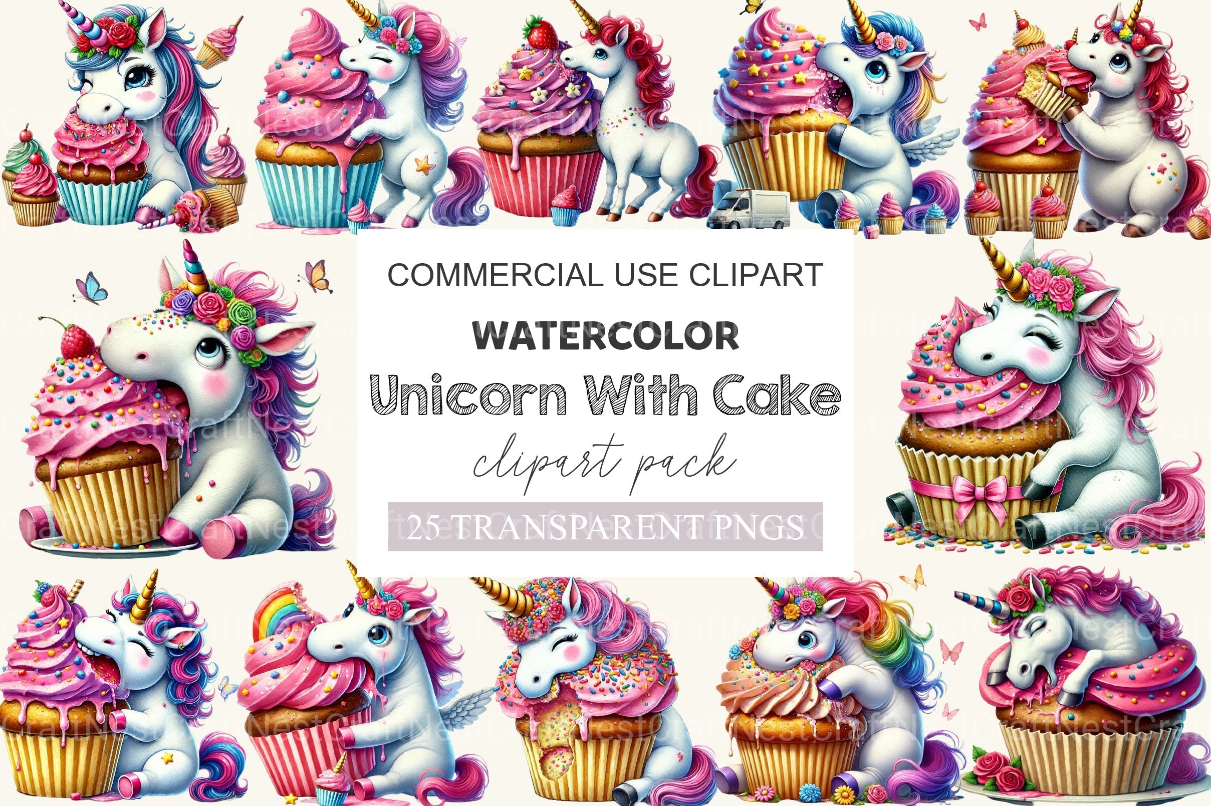 Unicorn With Cake Clipart Bundle