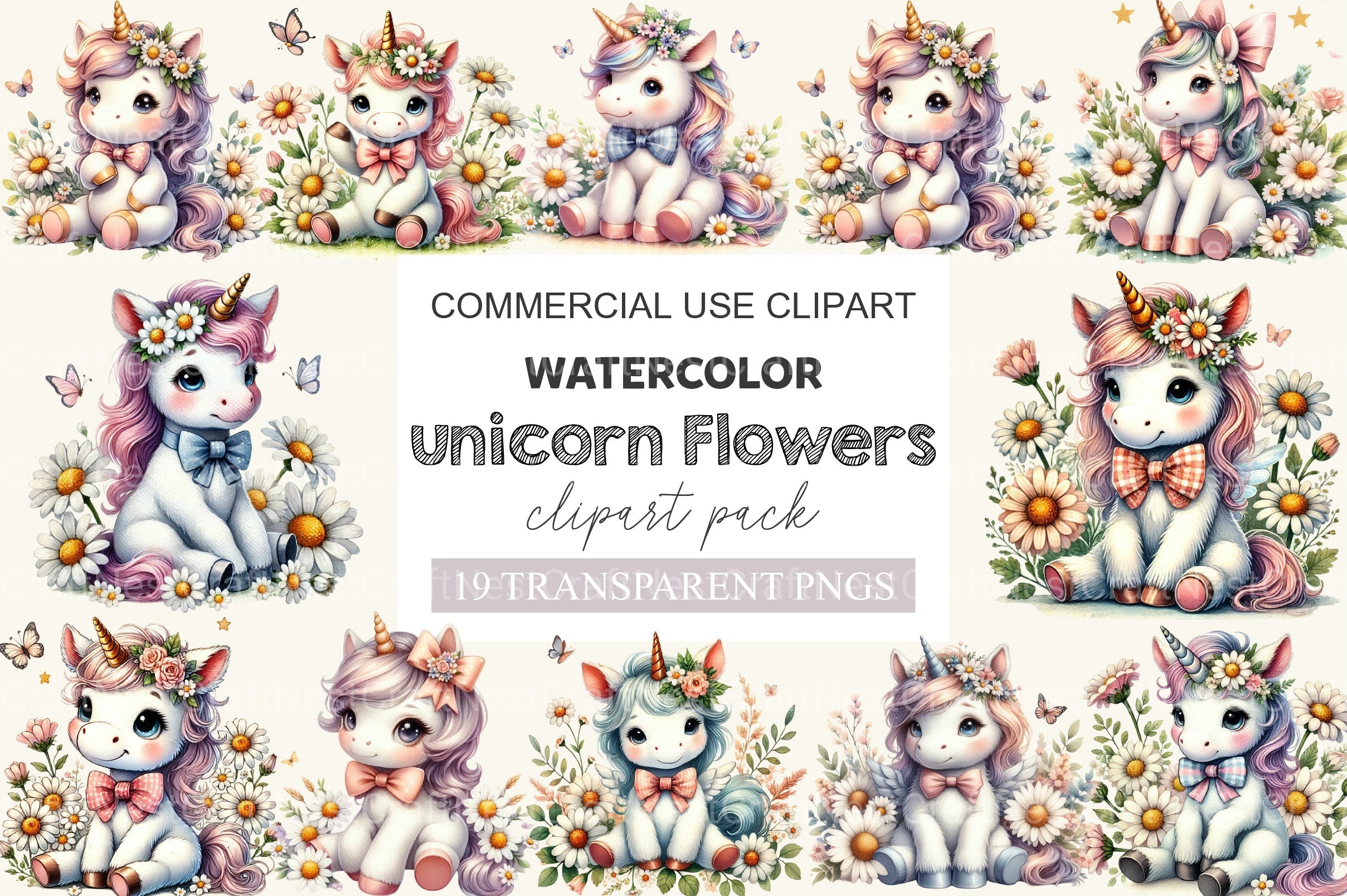 Baby Unicorn Sitting Flowers Clipart Bundle