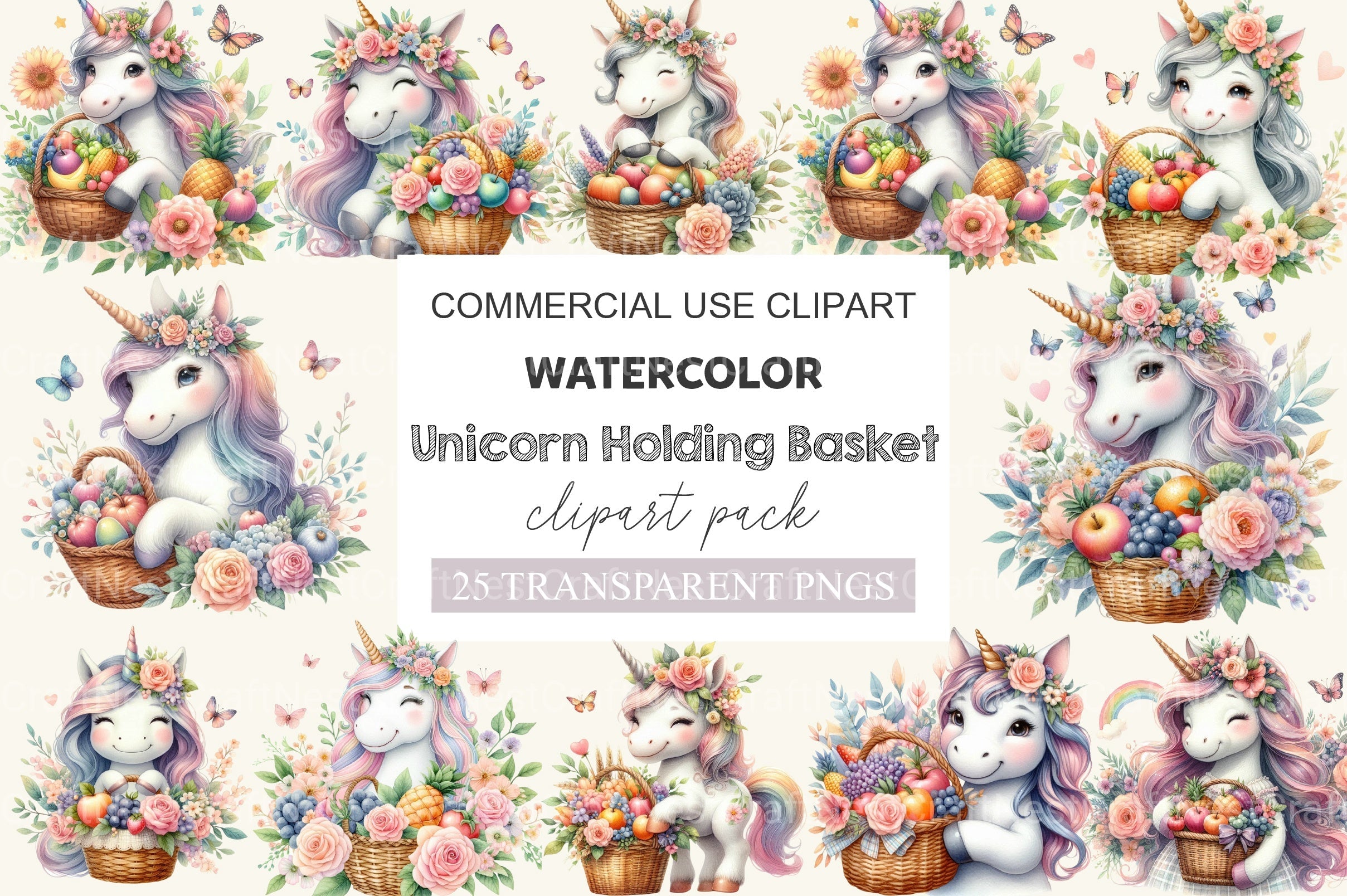 Unicorn Holding Basket Clipart Bundle