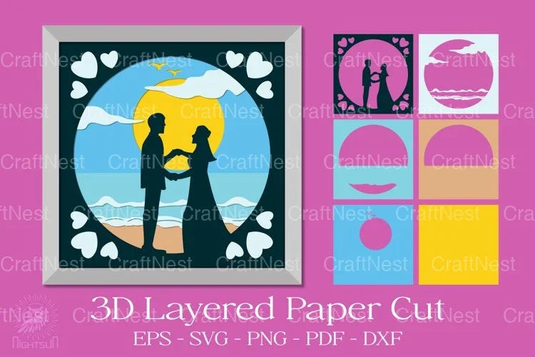Wedding Couple on Sunset Beach 3D Shadow Box Clipart Bundle - CraftNest - Digital Crafting and Art