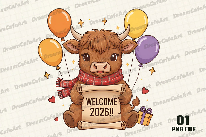Welcome 2026 Highland Cow Clipart Bundle - CraftNest - Digital Crafting and Art