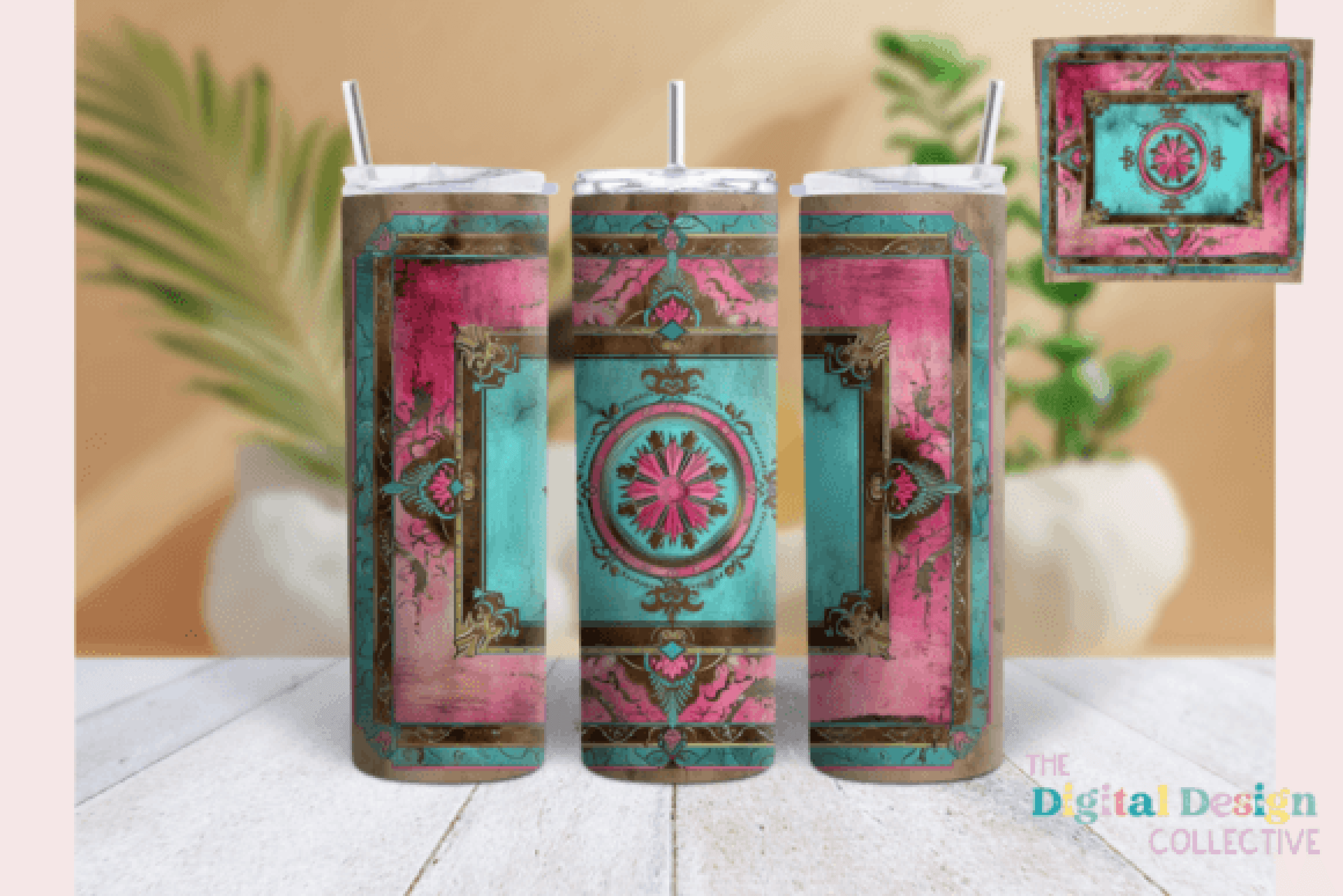 Stylish Pink Teal Western Tumbler Wrap Bundle - CraftNest - Digital Crafting and Art