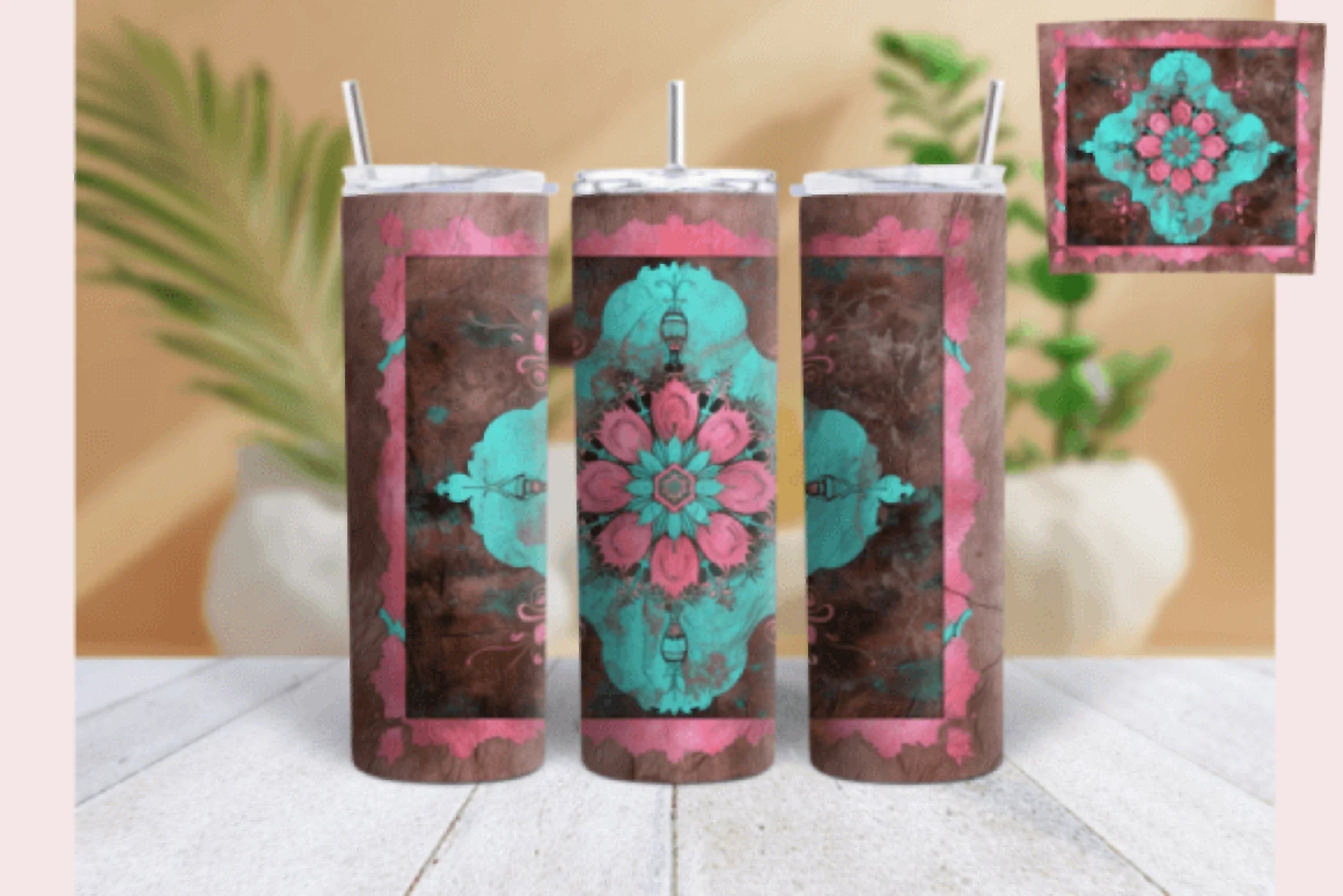 Stylish Pink Teal Western Tumbler Wrap Bundle - CraftNest - Digital Crafting and Art