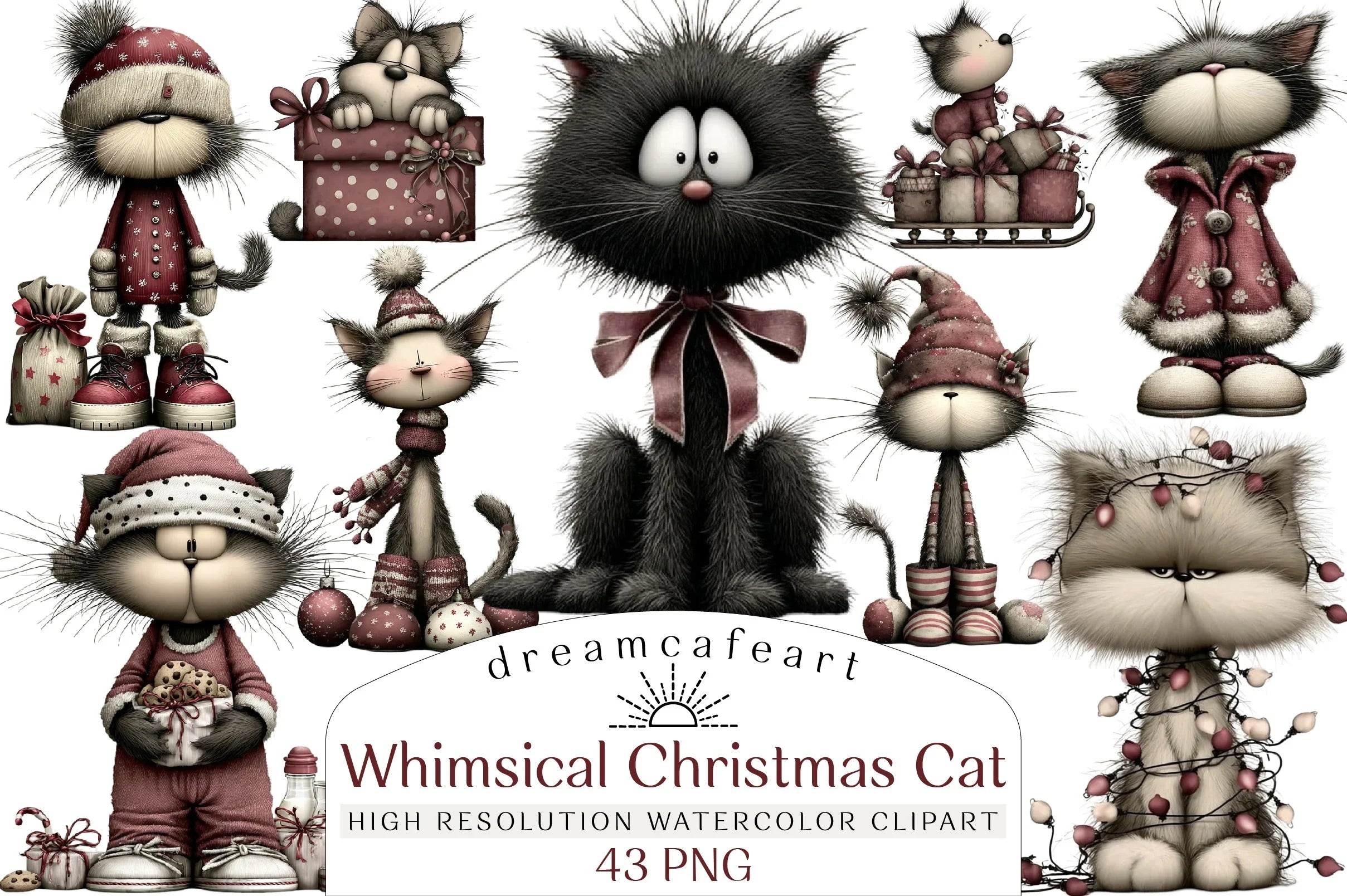 Whimsical Christmas Cat Clipart Design Bundle - CraftNest - Digital Crafting and Art