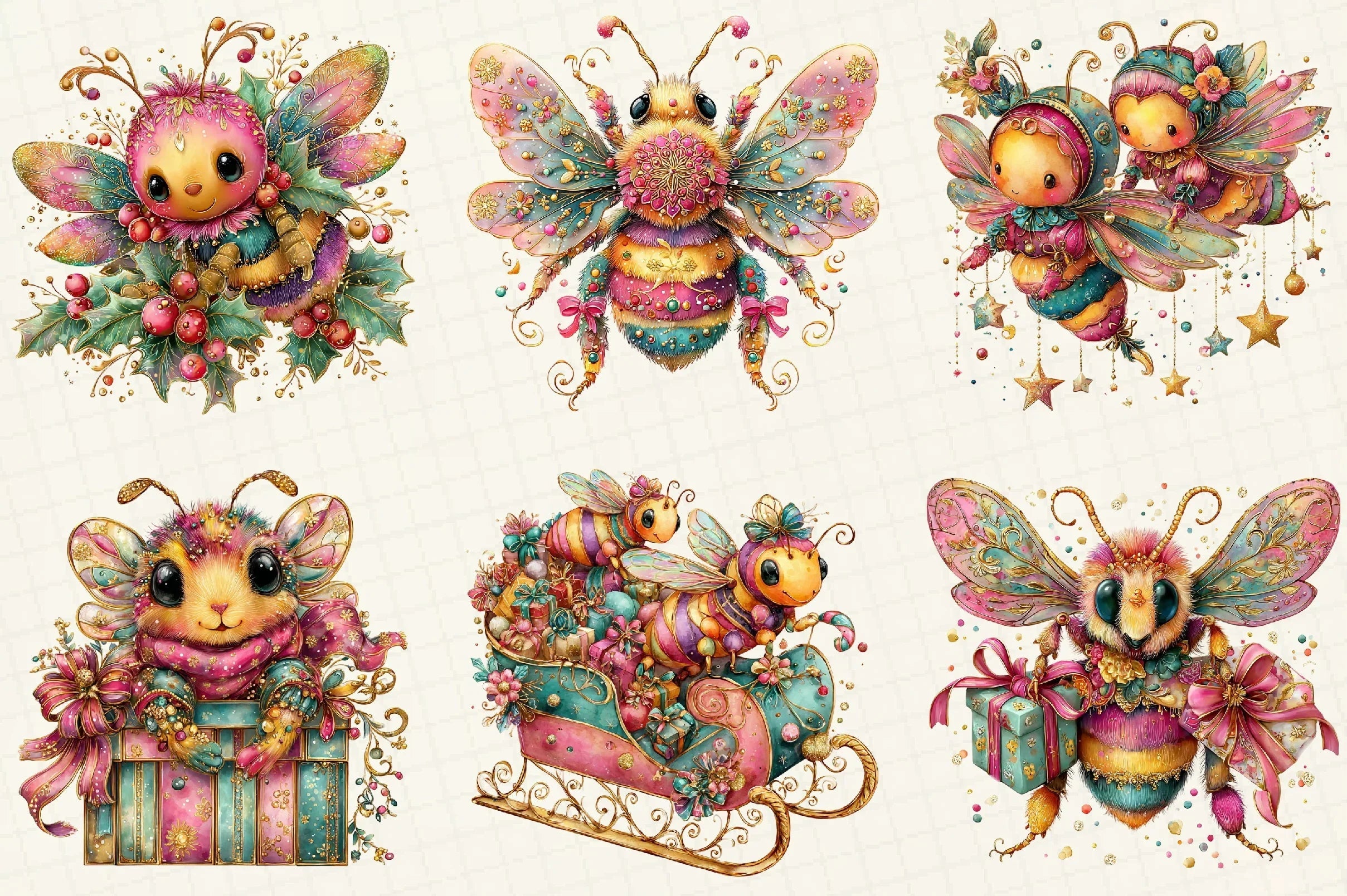 Whimsical Christmas Bee Clipart Bundle - CraftNest - Digital Crafting and Art