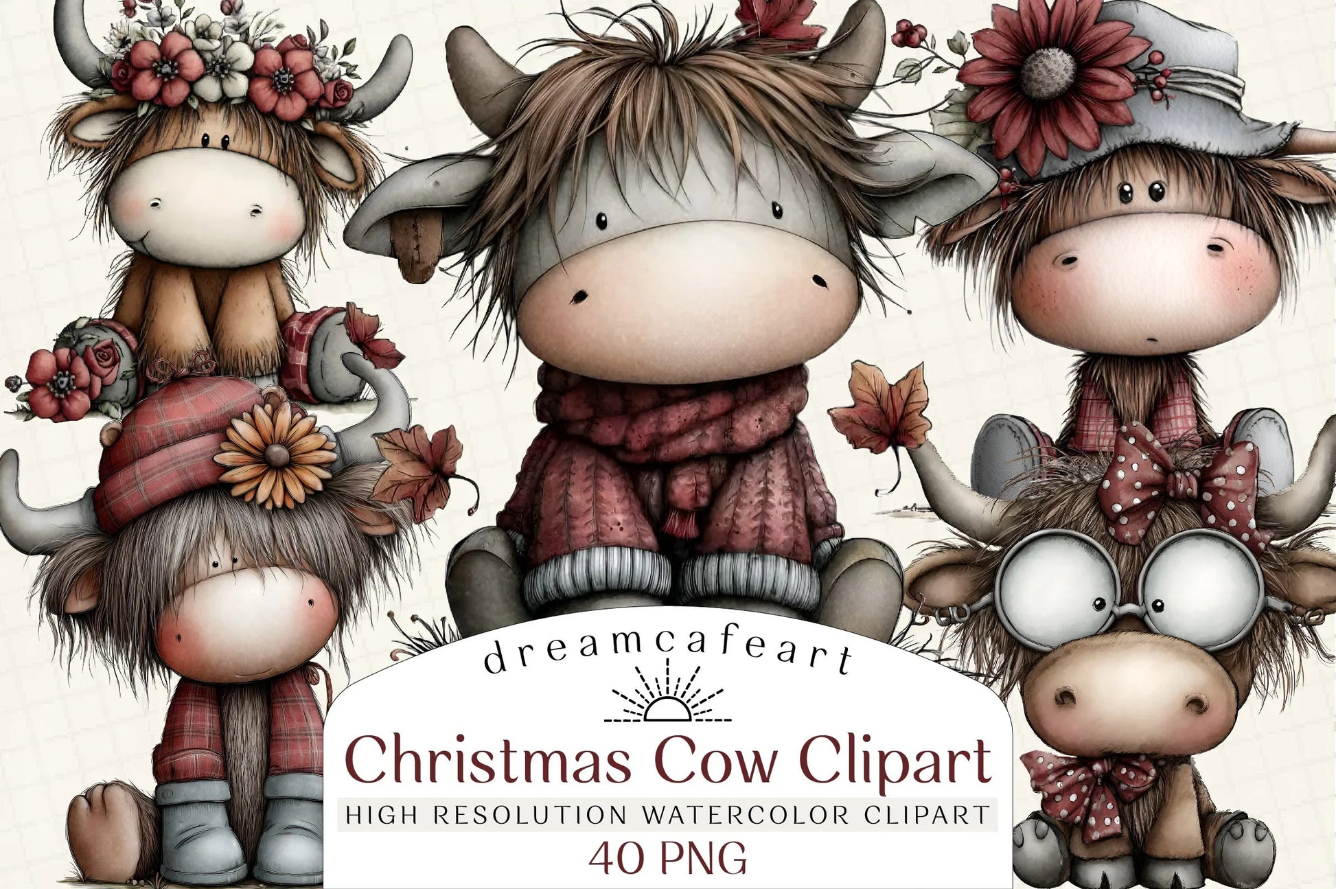 Whimsical Christmas Highland Cow Clipart Bundle - CraftNest - Digital Crafting and Art