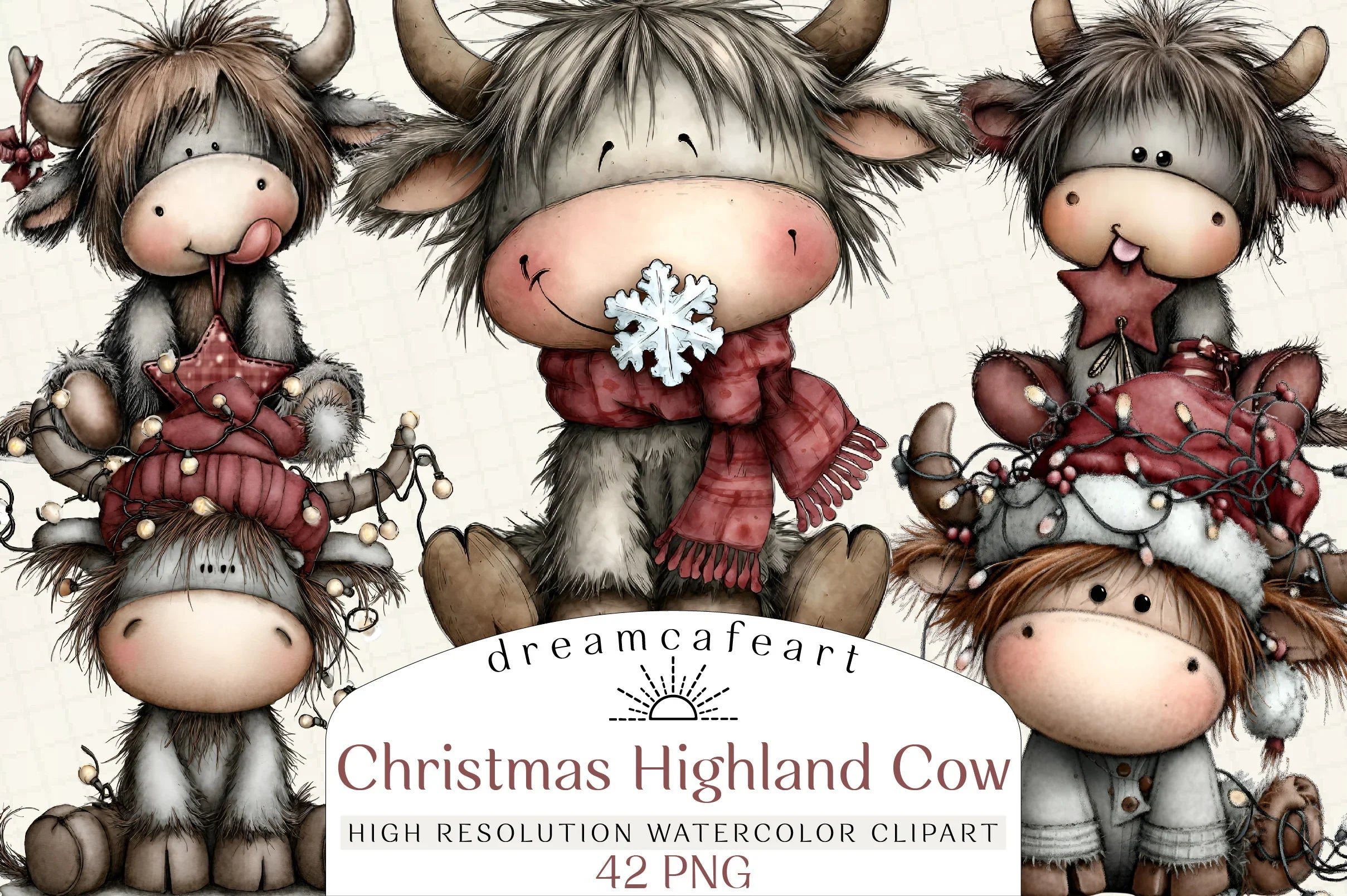 Whimsical Christmas Highland Cow Clipart Bundle - CraftNest - Digital Crafting and Art