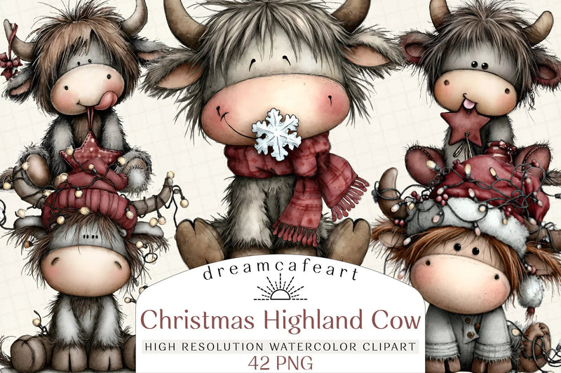 Whimsical Christmas Highland Cow Clipart Bundle - CraftNest - Digital Crafting and Art